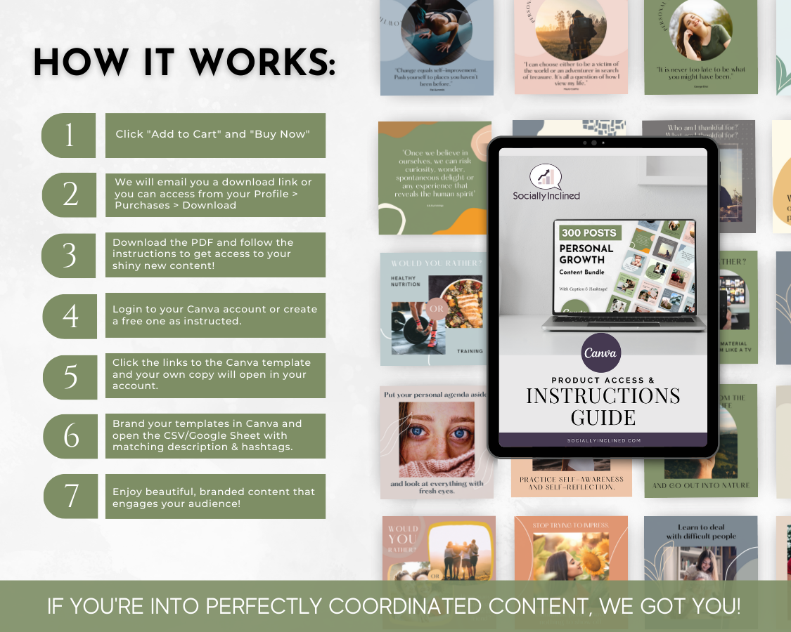 Instruction guide for personal growth using Socially Inclined's Personal Growth Social Media Post Bundle with Canva Templates.