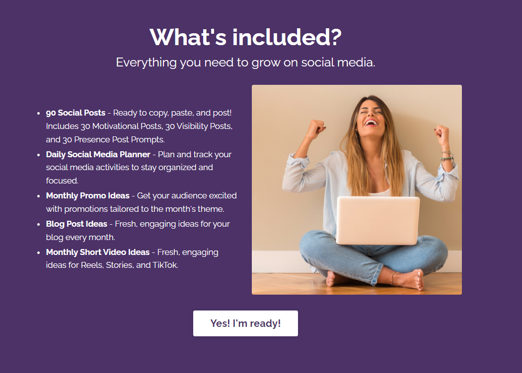 A graphic showing a happy Your Social Plan user on the right and a description of what's included on the left: 90 Social Posts to grow your business each month, Daily Social Media Planner, Monthly Promo Ideas, Blog Post Ideas, and Short Video Ideas for fresh reels and tiktoks each month