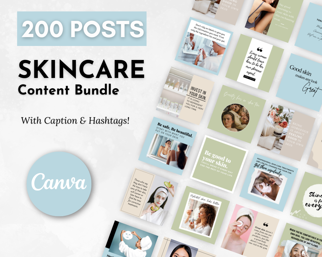 200 Socially Inclined skincare and beauty content bundle with Skincare Social Media Post Bundle with Canva Templates.