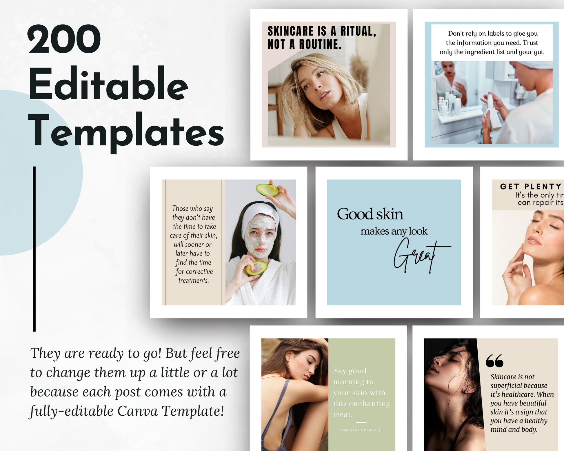 200 editable skincare social media post templates from Socially Inclined.