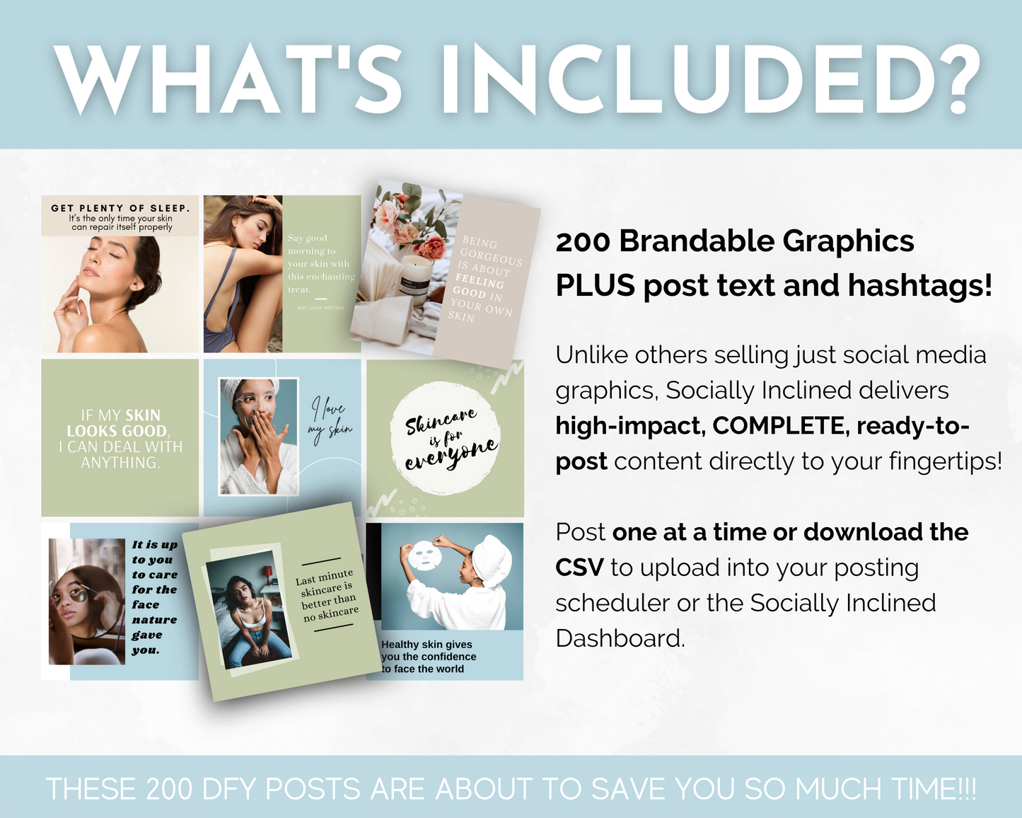 What's included in the Skincare Social Media Post Bundle with Canva Templates from Socially Inclined?
