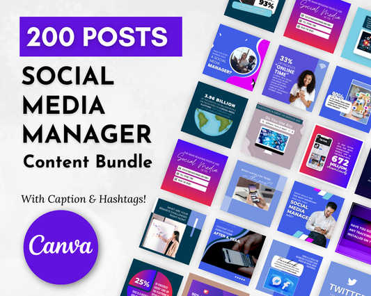 Socially Inclined's Social Media Manager 200 Post Content Bundle with Canva Templates includes a convenient and time-saving content bundle consisting of 200 pre-designed Canva templates for social media posts.