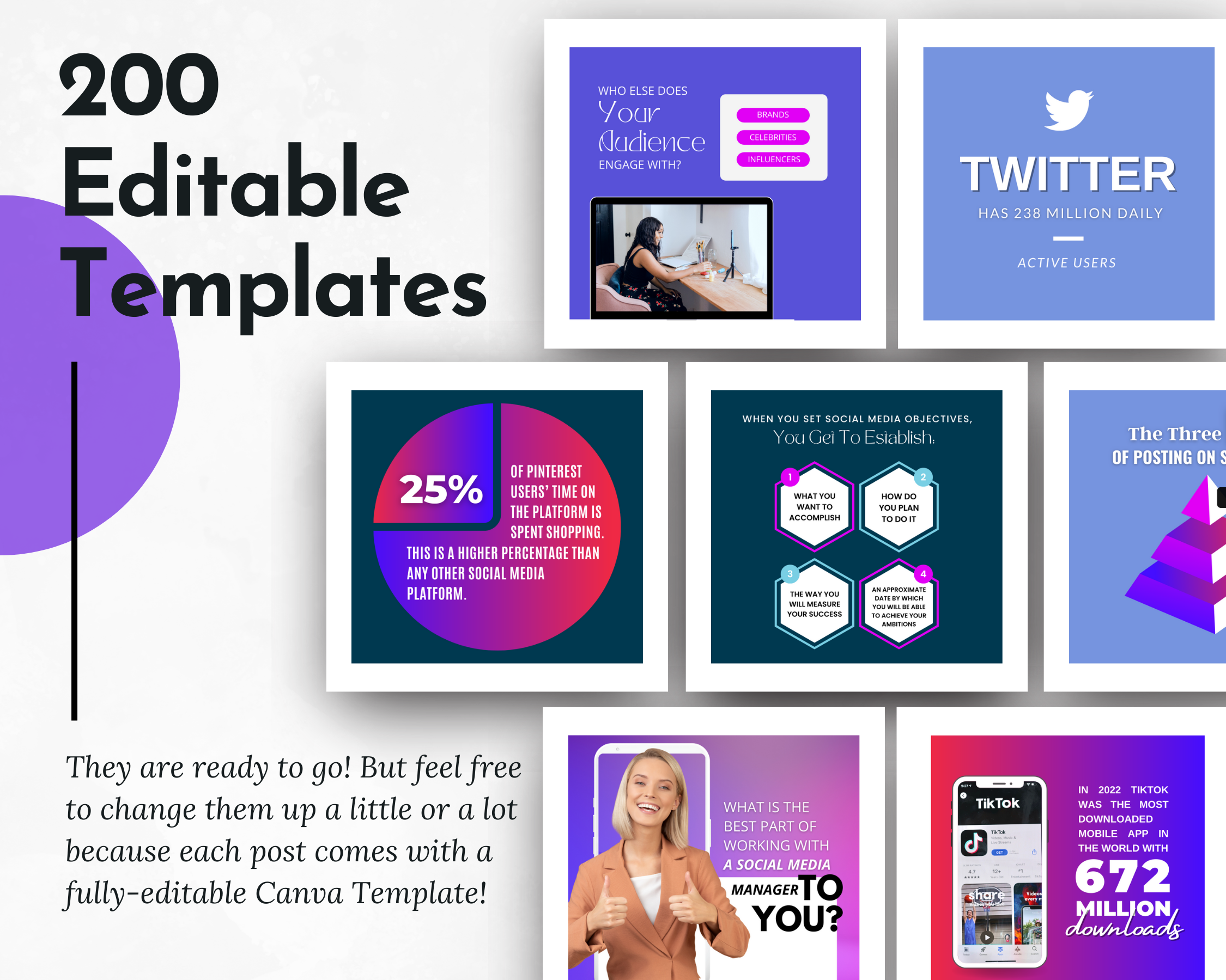 200 editable Social Media Manager 200 Post Content Bundle with Canva Templates for social media from Socially Inclined.