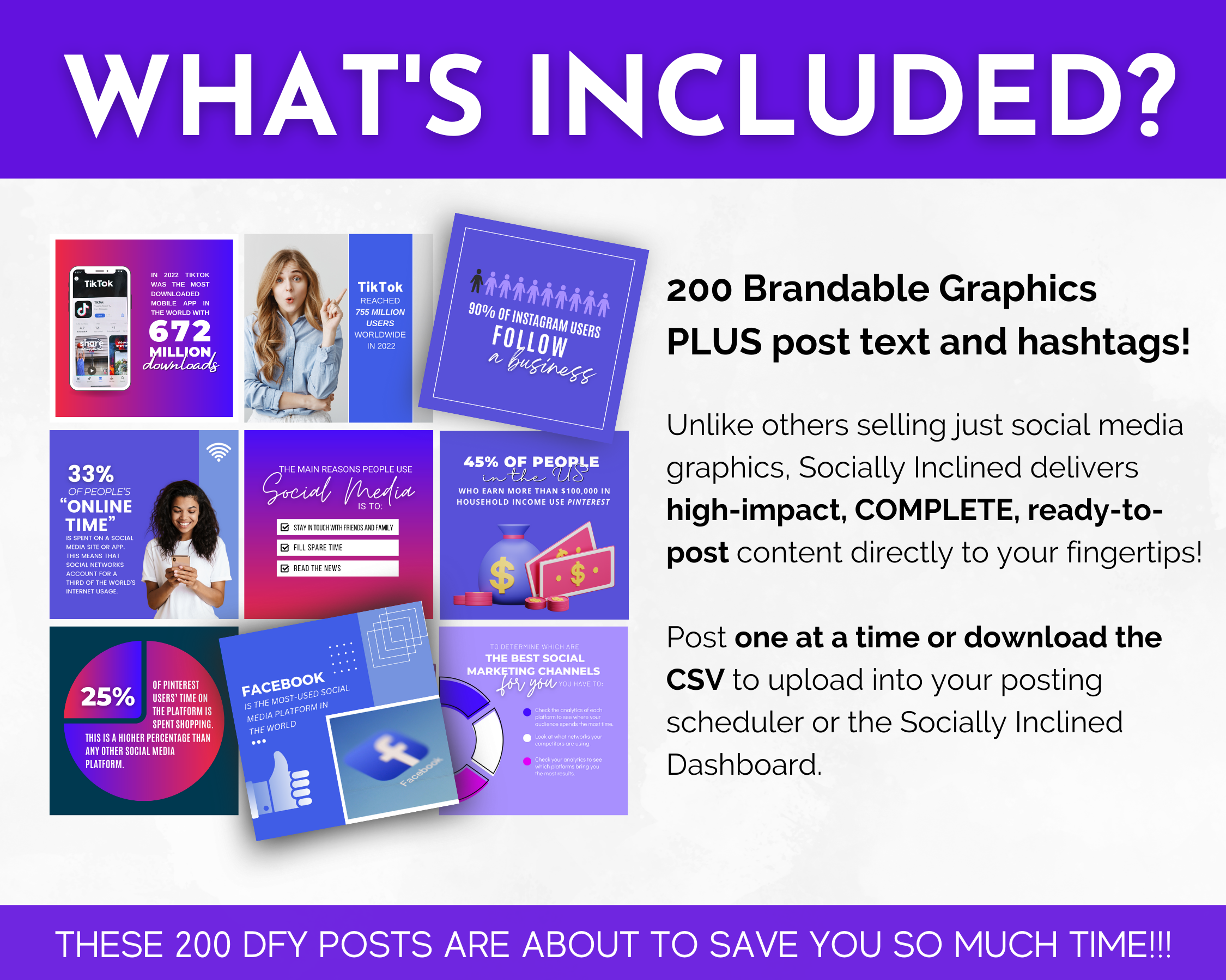 What's included in this bundle of Social Media Manager 200 Post Content Bundle with Canva Templates from Socially Inclined for social media posts?