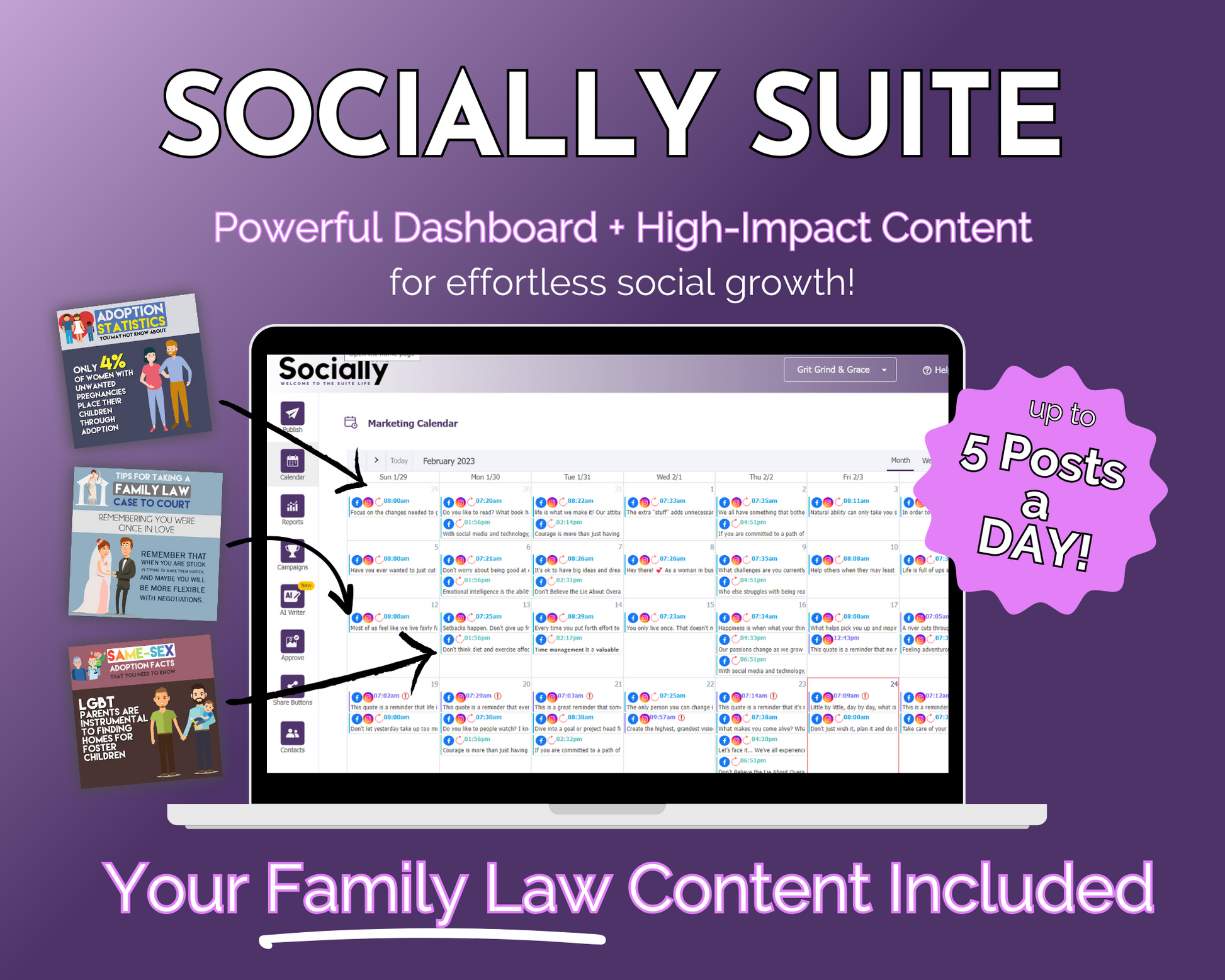 Get Socially Inclined's Socially Suite Membership - a powerful dashboard with high content and family law included. Enhance your online presence and effectively manage your social media marketing with our powerful dashboard. Our platform offers a wide range of features specifically designed for Get Socially Inclined's Socially Suite Membership.