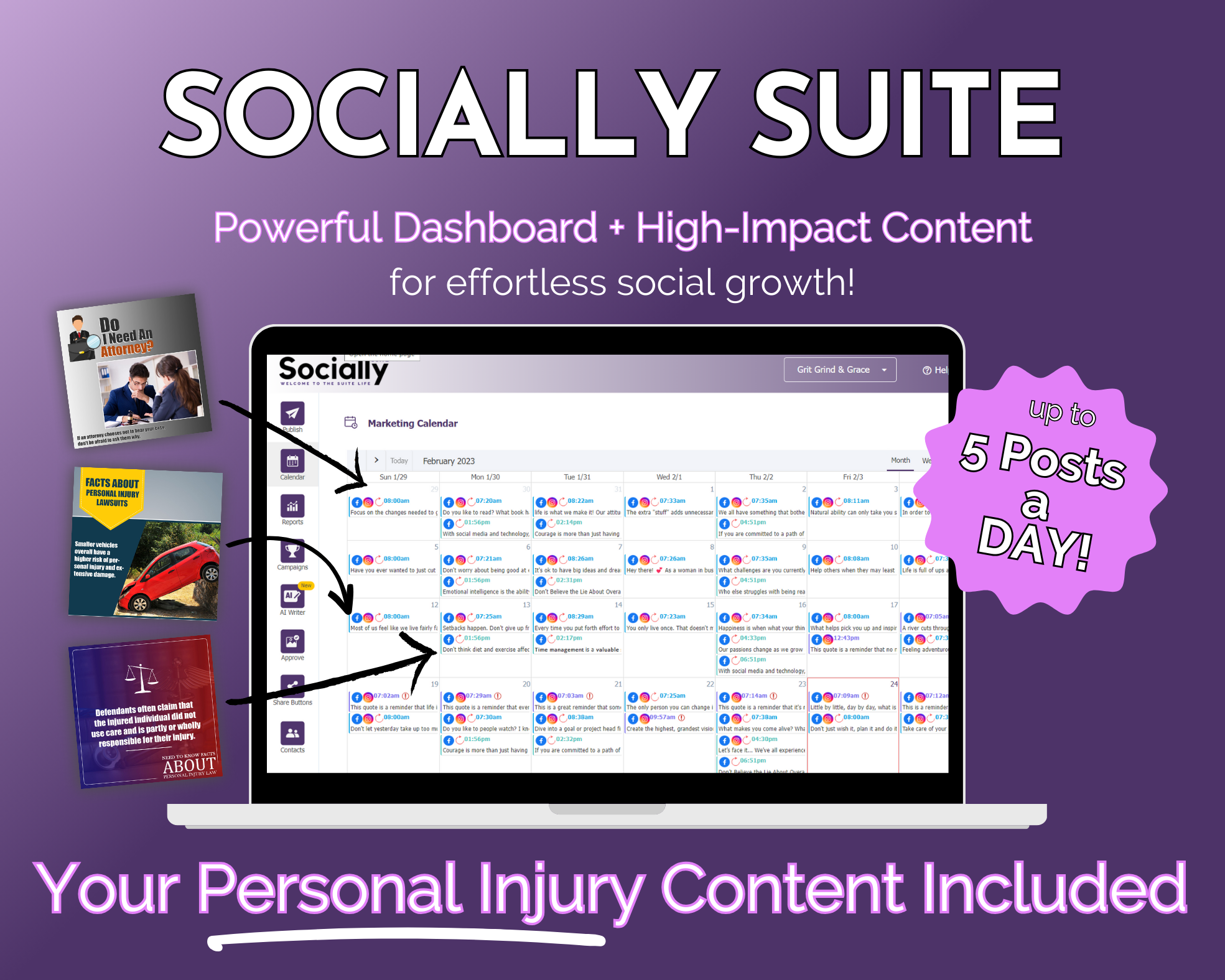 An interactive Socially Suite Membership Content Dashboard displaying a collection of text and images, fostering an effective Online Presence strategy for Get Socially Inclined's Social Media Marketing.