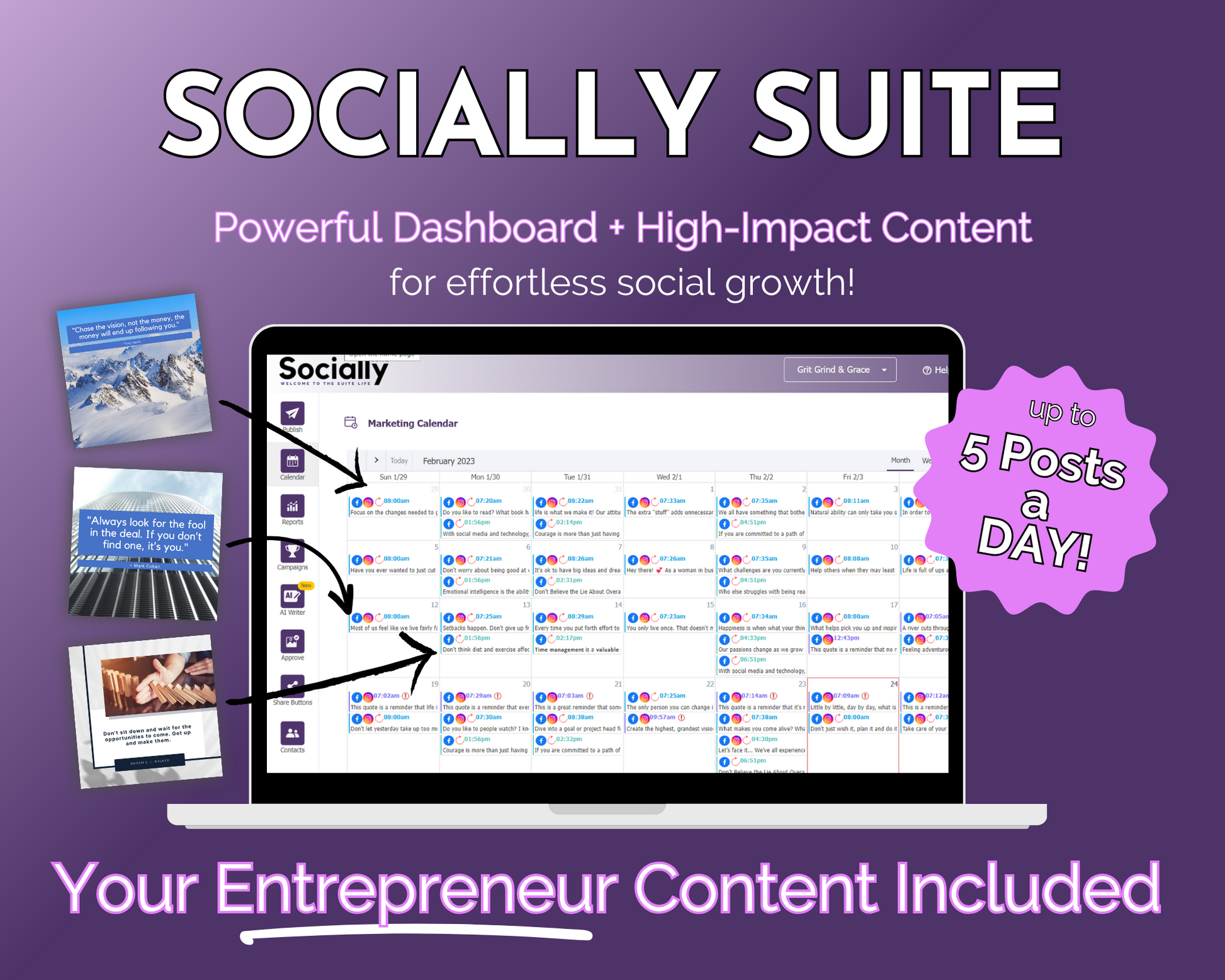 Get Socially Inclined's Socially Suite Membership - a powerful dashboard - high-content - social media marketing - your entrepreneur content included.