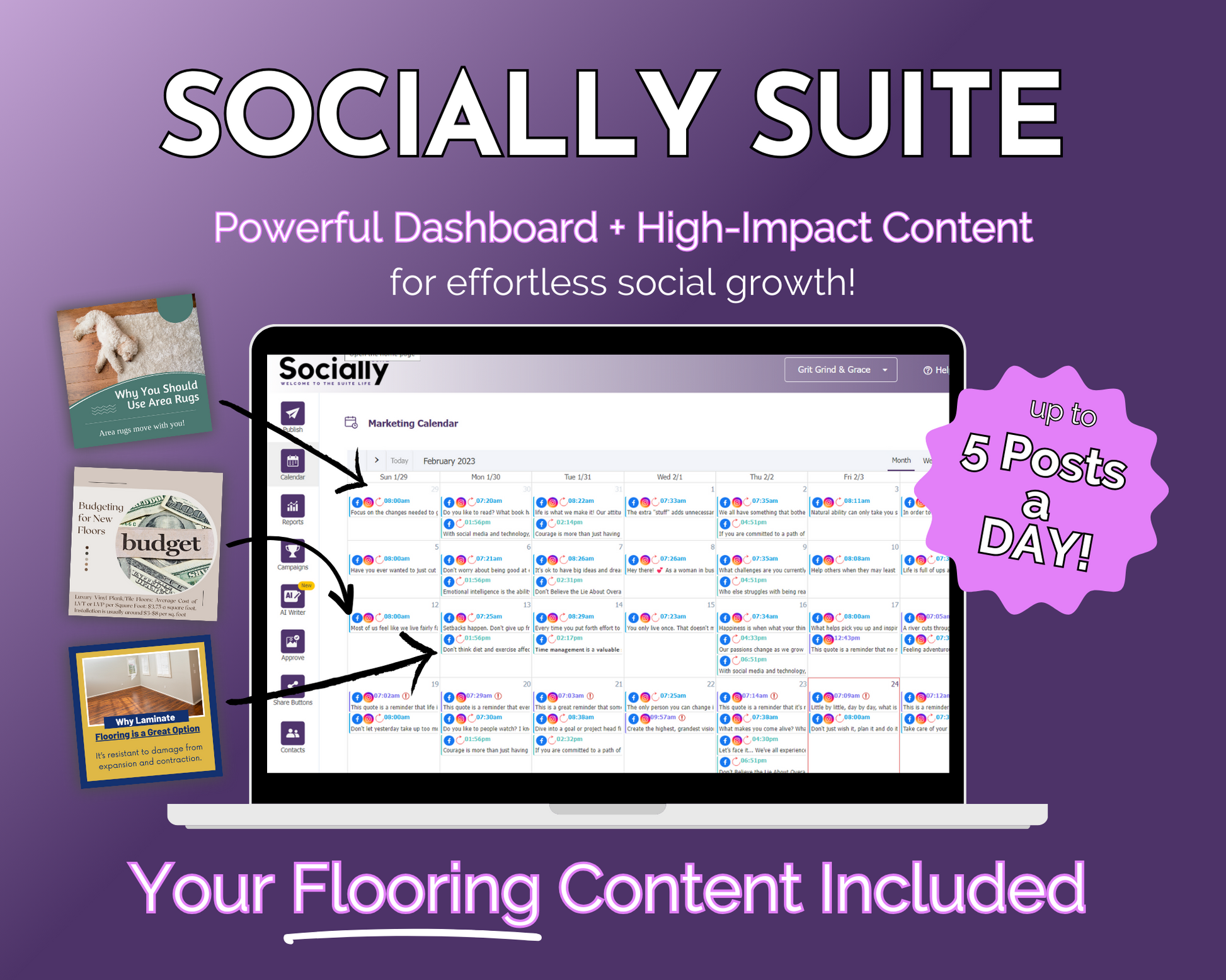 Get Socially Inclined's powerful content management dashboard includes high-quality Socially Suite Membership content.