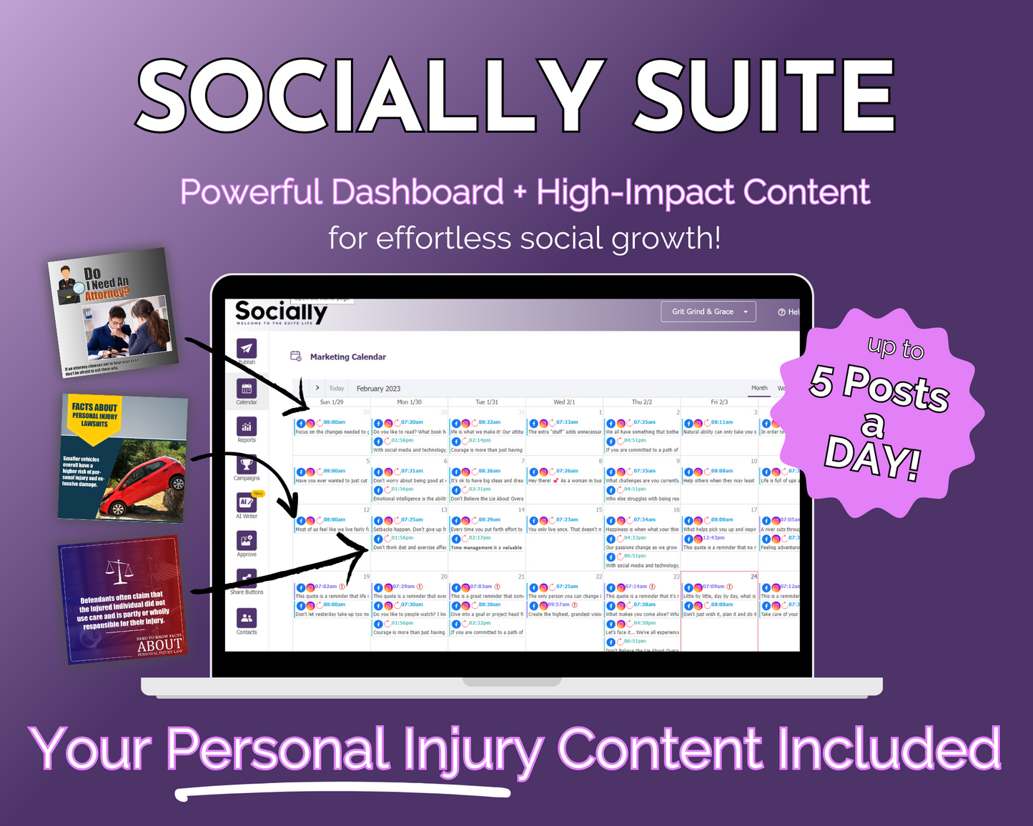 An interactive Socially Suite Membership Content Dashboard displaying a collection of text and images, fostering an effective Online Presence strategy for Get Socially Inclined's Social Media Marketing.