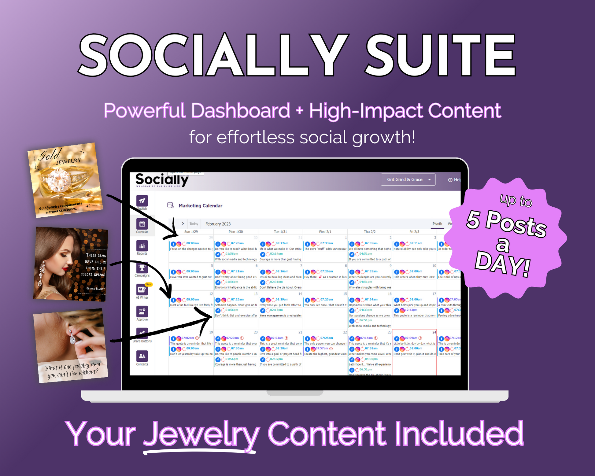 Get Socially Inclined's Socially Suite Membership is a powerful content management tool with a high-powered dashboard. This virtual world platform allows you to easily manage and create engaging social media marketing content, including jewelry.
