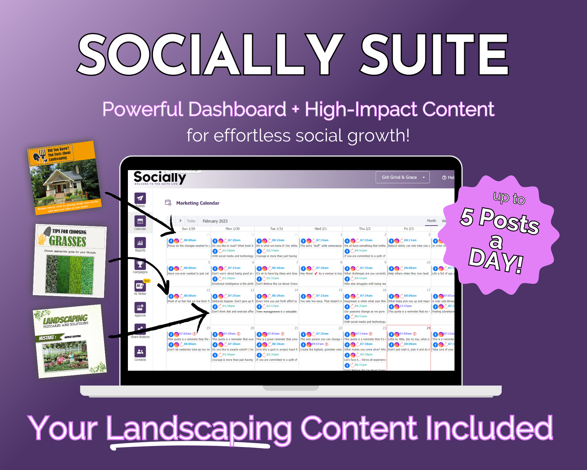 The Get Socially Inclined Socially Suite Membership is a powerful dashboard that includes high content and helps manage your landscaping content for a strong online presence.
