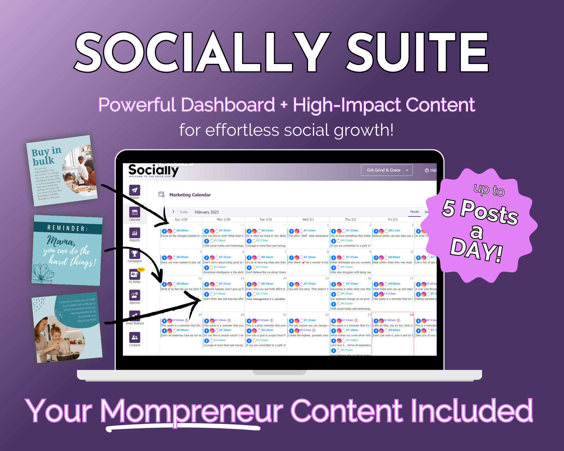 Get Socially Inclined Socially Suite Membership - powerful dashboard - high content for your mompreneur content. The Get Socially Inclined Socially Suite Membership offers a powerful dashboard for efficient content management and effective social media marketing strategies.