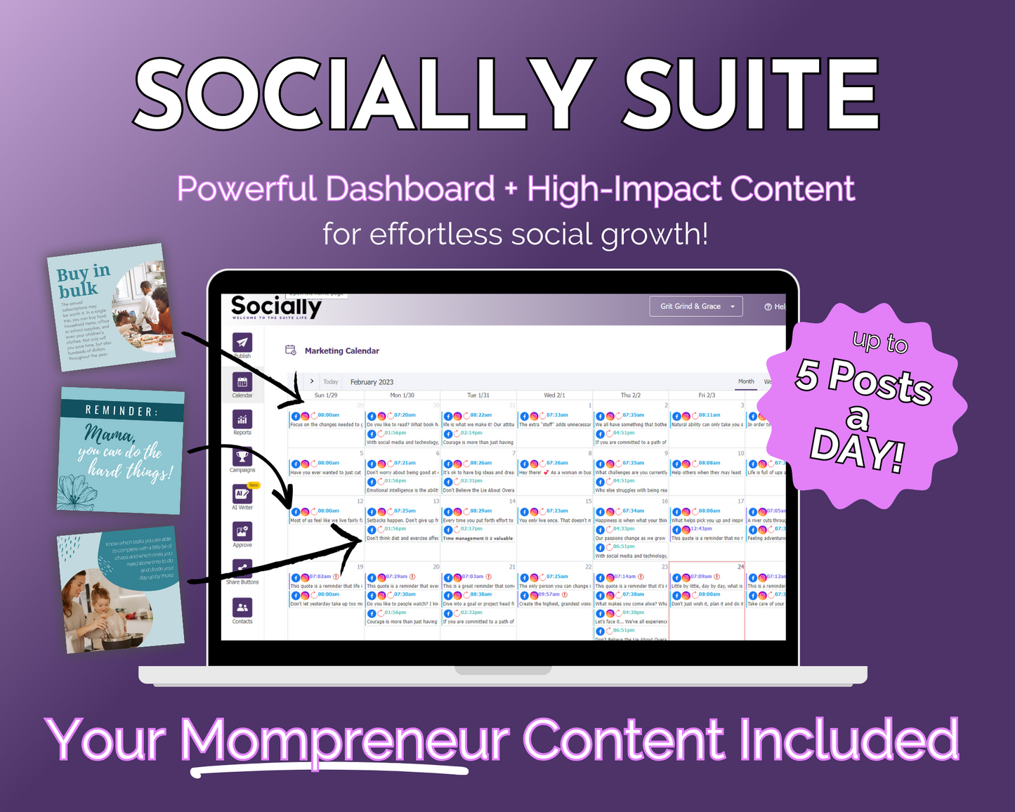 Our Get Socially Inclined Socially Suite Membership Annual offers a powerful dashboard for effective social media marketing and content management, ensuring a high online presence for your mompreneur content.