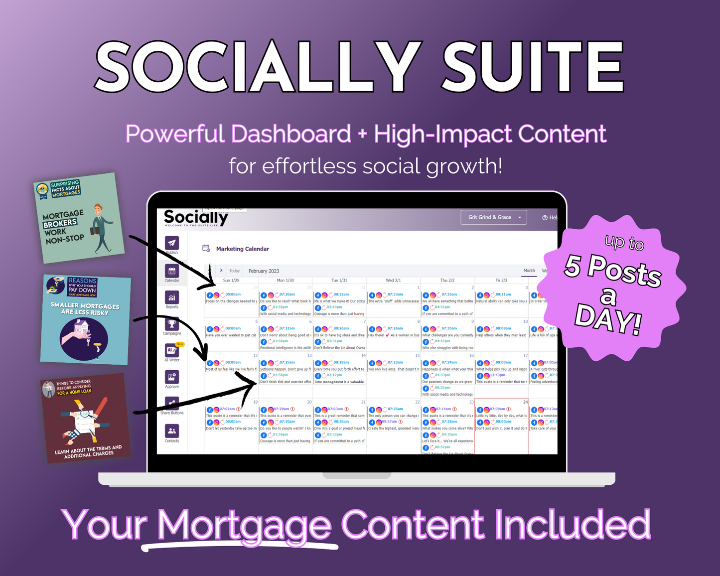 Our Get Socially Inclined Socially Suite Membership Annual offers a powerful dashboard for effective social media marketing. With high-quality content management, we help you establish a strong online presence. Plus, our suite includes specialized mortgage content to