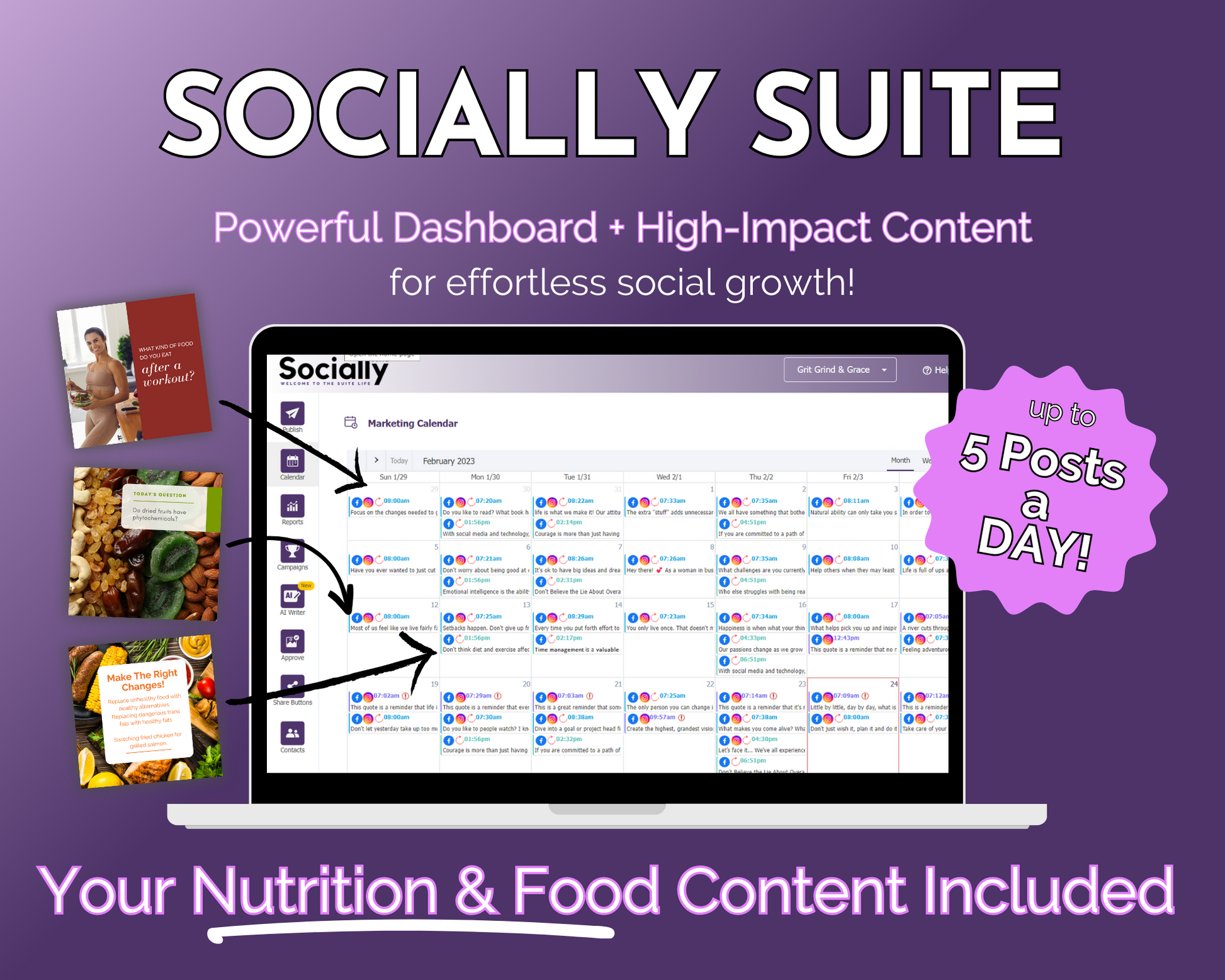 Get Socially Inclined - Socially Suite Membership Annual - powerful dashboard - high-content your nutrition and food content, enhancing online presence and utilizing social media marketing strategies for effective content management.