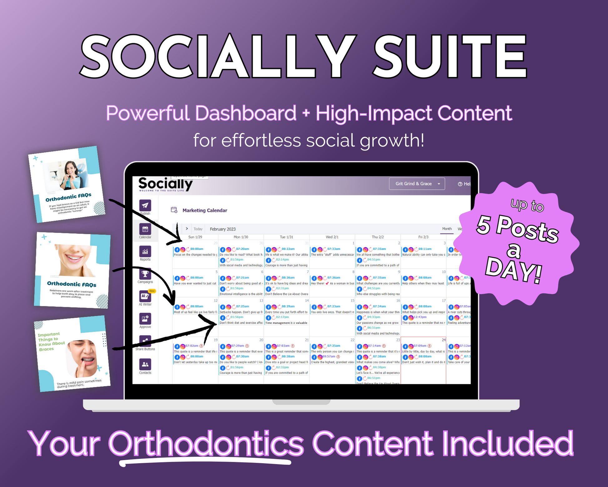Get Socially Inclined's Socially Suite Membership Annual is a powerful dashboard for content management, offering high-quality orthodontics content to boost your online presence. Utilize this tool for effective social media marketing strategies.