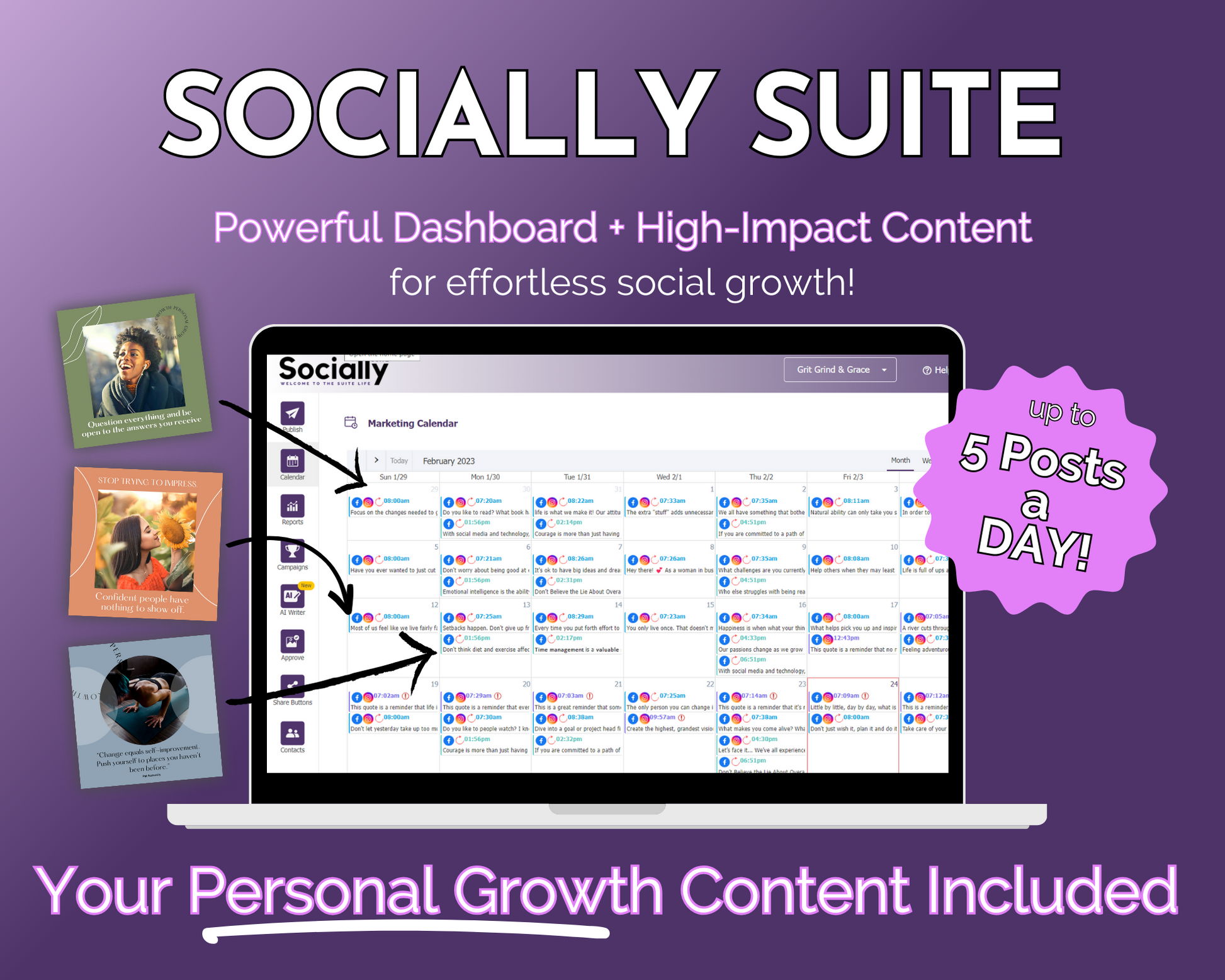 A Get Socially Inclined laptop for content management with integrated social media marketing capabilities, called the Socially Suite Membership.