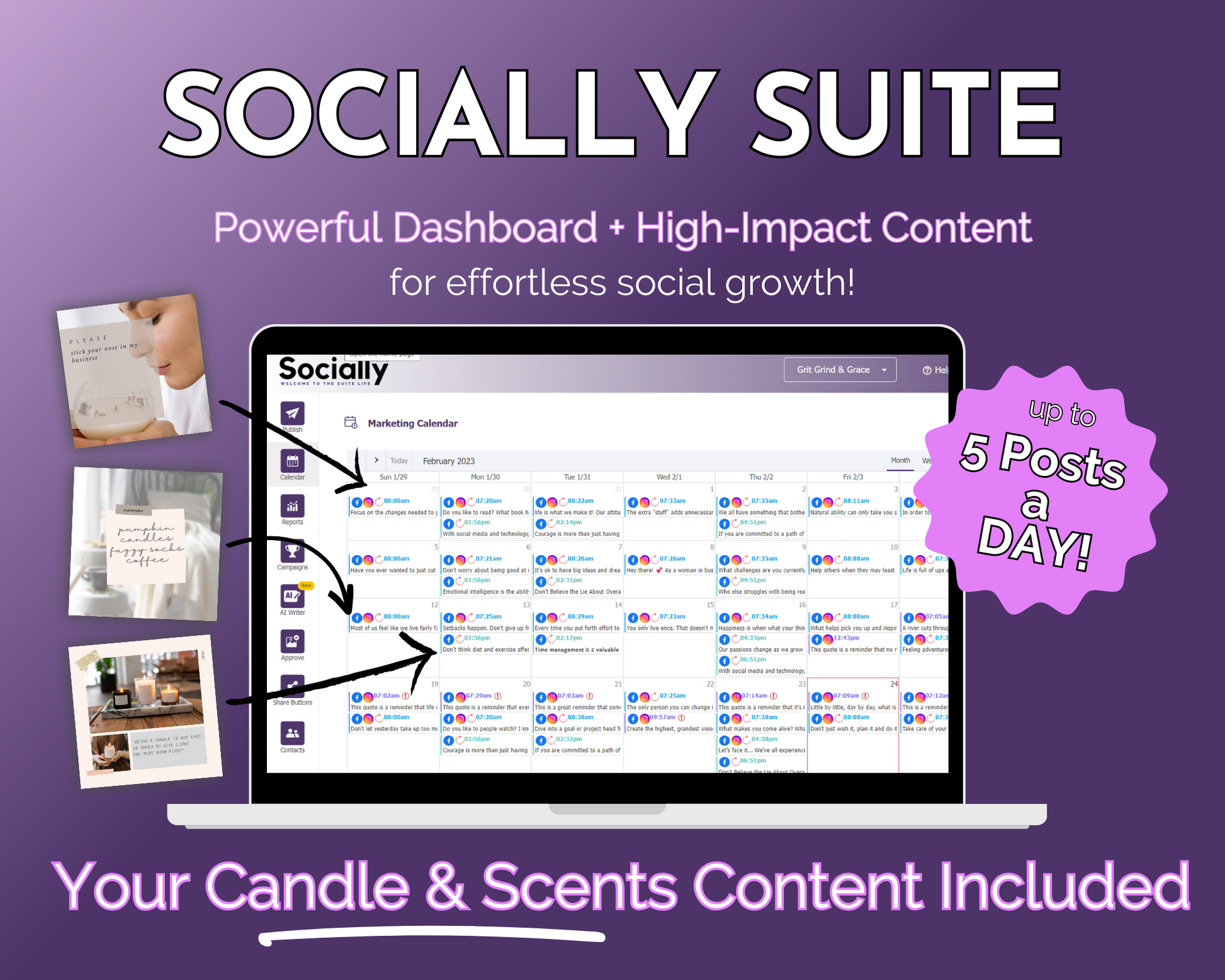 A Get Socially Inclined Socially Suite Membership content dashboard displaying text and images for effective social media marketing.
