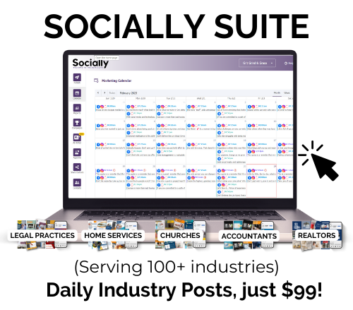 Socially Suite is Our complete marketing system has two parts: awesome daily content that people will love, and simple automated posting to all your social media networks. Just $99/mo.