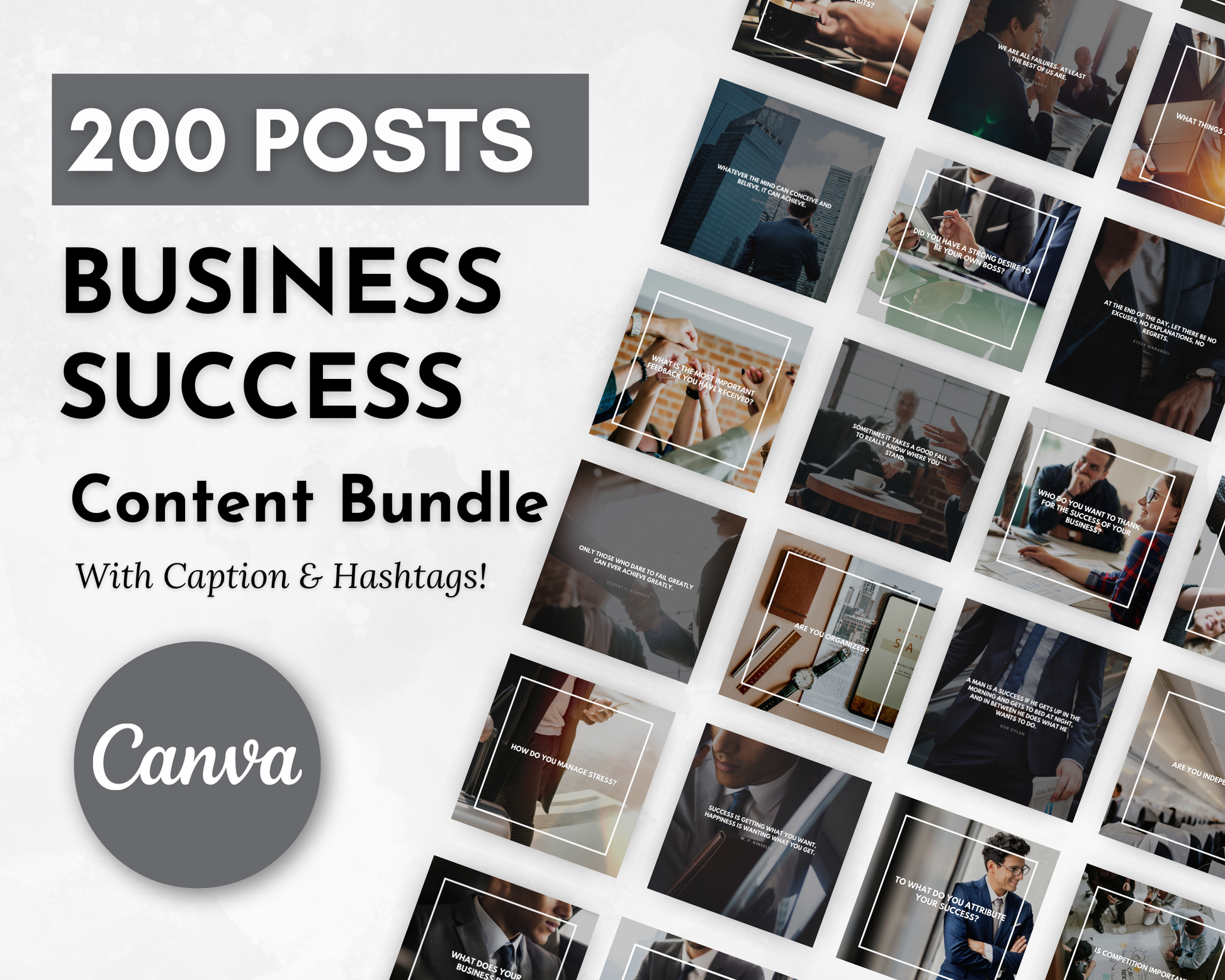 200 ready to post social media images and text for Socially Inclined's Business Success Social Media Post Bundle with Canva Templates.