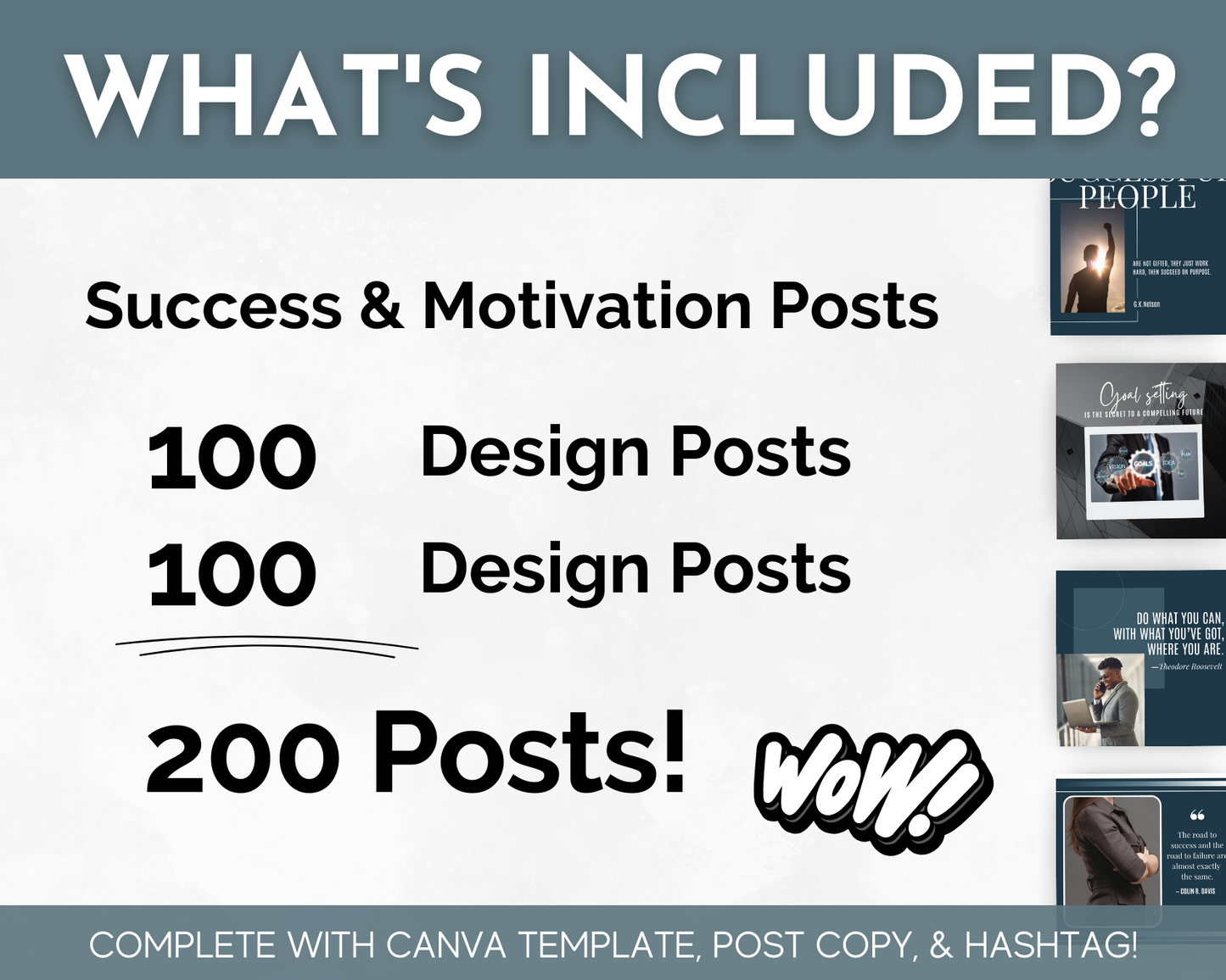 What's included in these Success & Motivation Social Media Post Bundle with Canva Templates by Socially Inclined, which cover content related to social media and business.