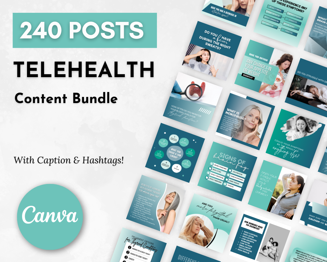 240 Telehealth Social Media Post Bundle with Canva Templates for healthcare practitioners, brought to you by Socially Inclined.