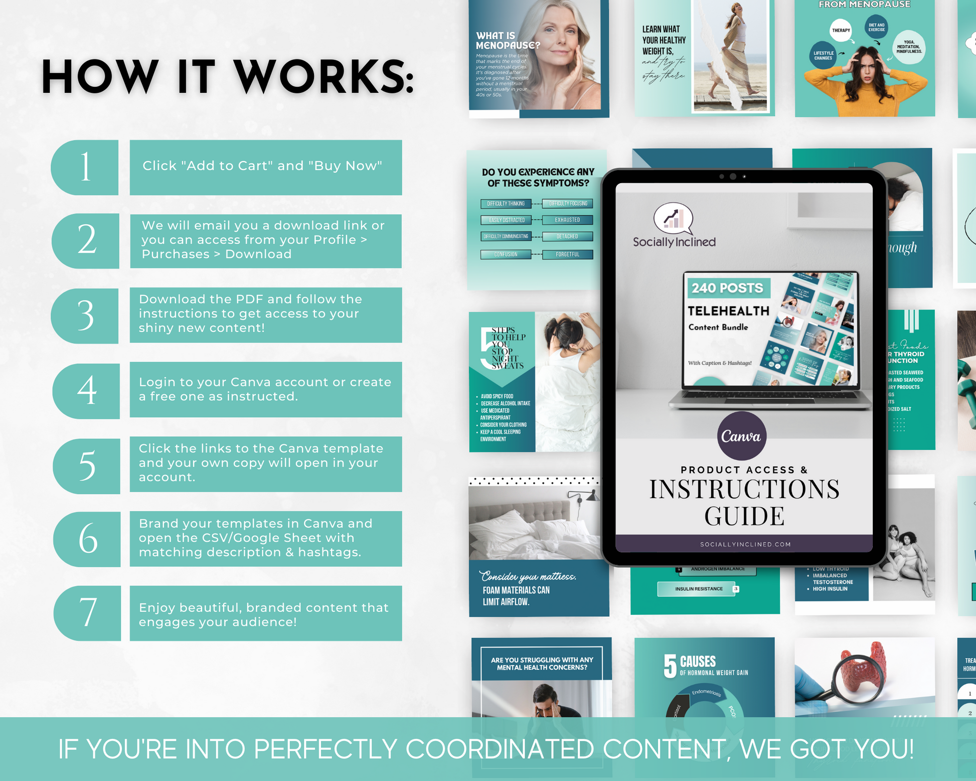 Instructions for accessing and using the "Hormone Health Social Media Post Bundle with Canva Templates" guide with steps including buying, receiving, editing in Canva, and downloading. Background features various content template thumbnails ideal for addressing hormone health and thyroid conditions in telehealth sessions. This product is offered by Socially Inclined.