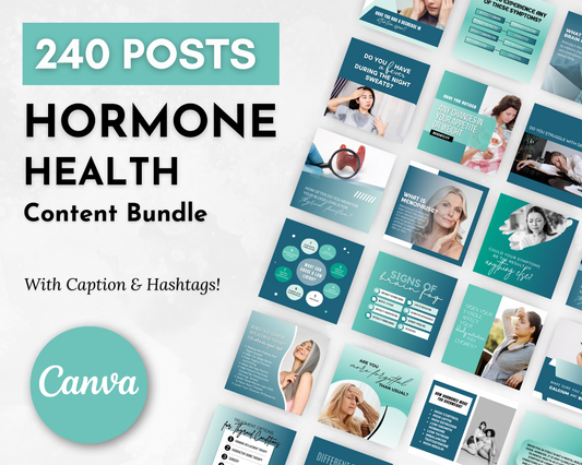 Hormone Health Social Media Post Bundle with Canva Templates by Socially Inclined, featuring 240 posts with captions and hashtags. The image shows a preview of various posts related to hormonal balance and thyroid conditions.