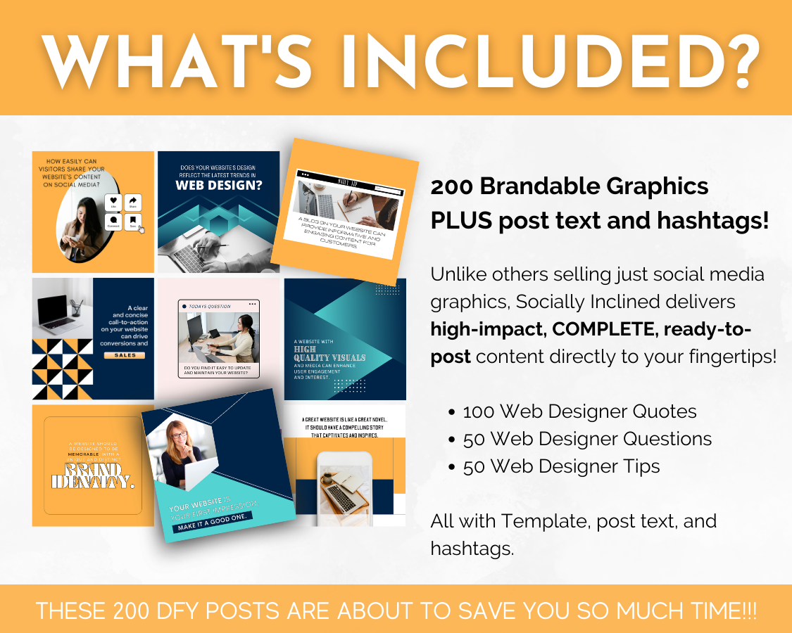 This bundle of social media graphics includes Web Design Social Media Post Bundle with Canva Templates for web designers, branded by Socially Inclined.
