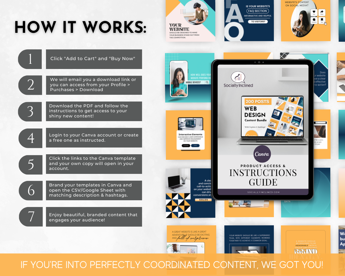How it works instruction guide for web designers, Socially Inclined's Web Design Social Media Post Bundle with Canva Templates.