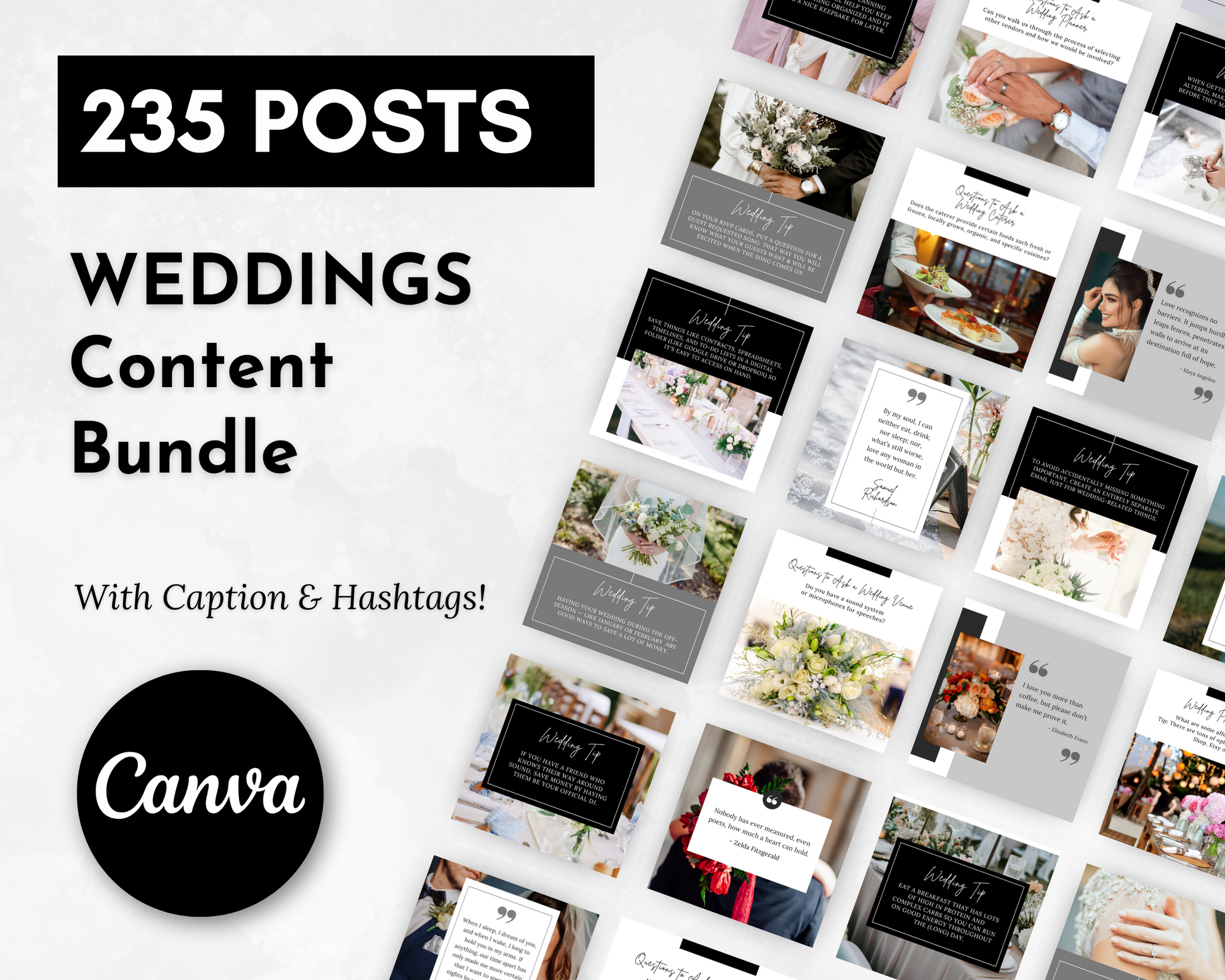 25 Socially Inclined Weddings Social Media Post Bundle with Canva Templates focused on social media and customer engagement.