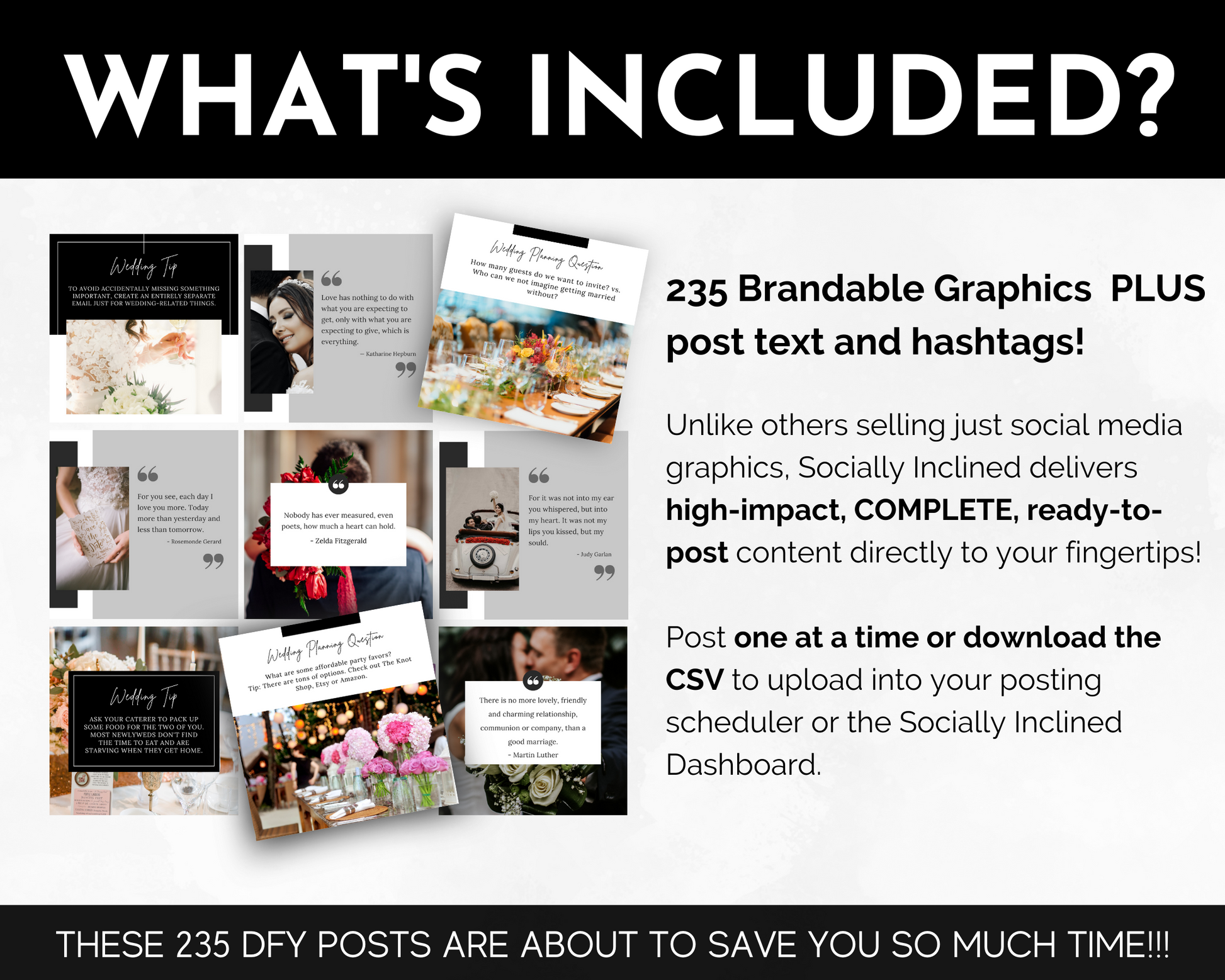 Find out what's included in the Weddings Social Media Post Bundle with Canva Templates by Socially Inclined that will boost your customer engagement on social media and make your weddings unforgettable.
