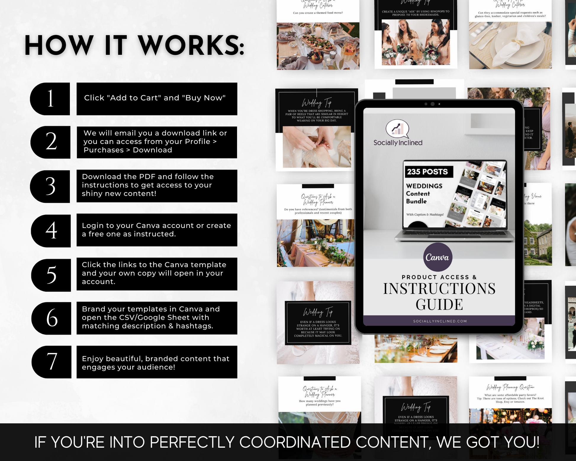 How it works instruction guide for enhancing customer engagement through Socially Inclined's Weddings Social Media Post Bundle with Canva Templates at weddings.