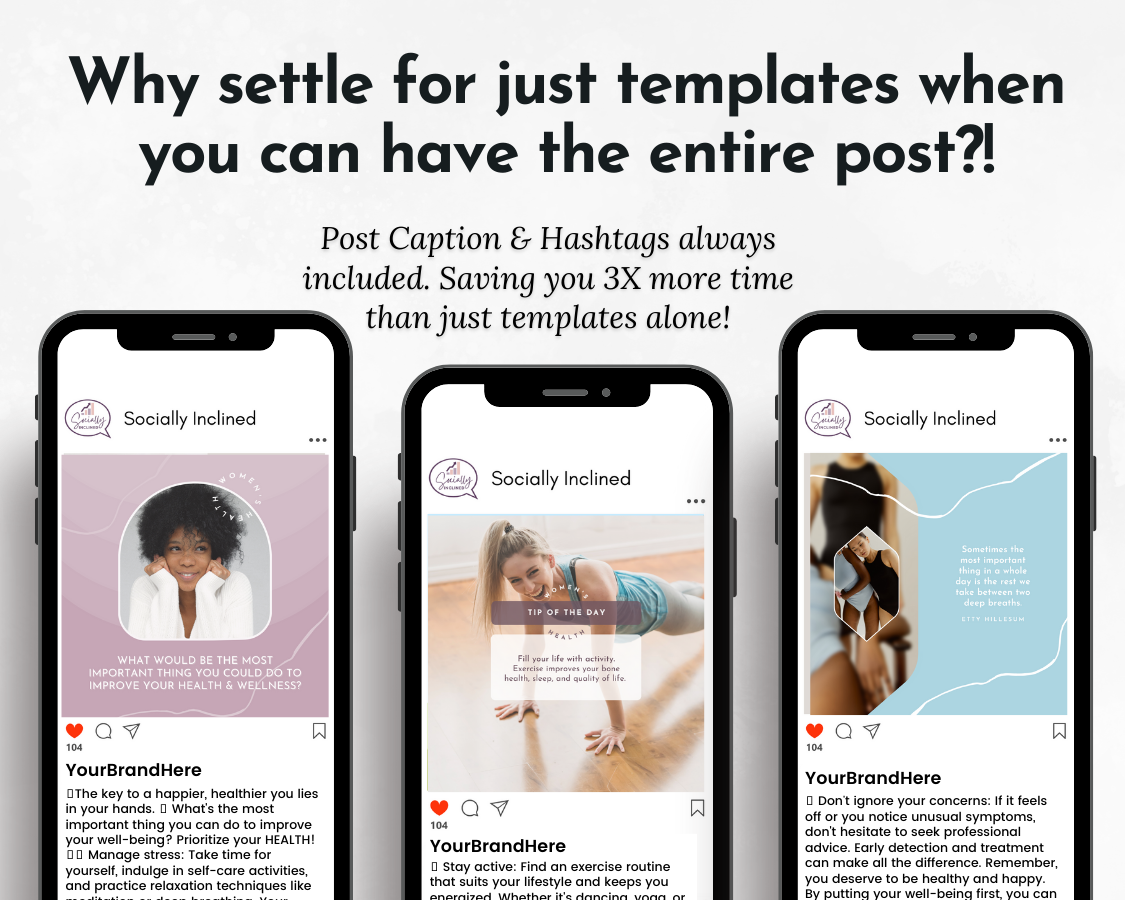 A group of Women's Health Social Media Post Bundle with Canva Templates from Socially Inclined empowering women for just templates when you can have the entire post.