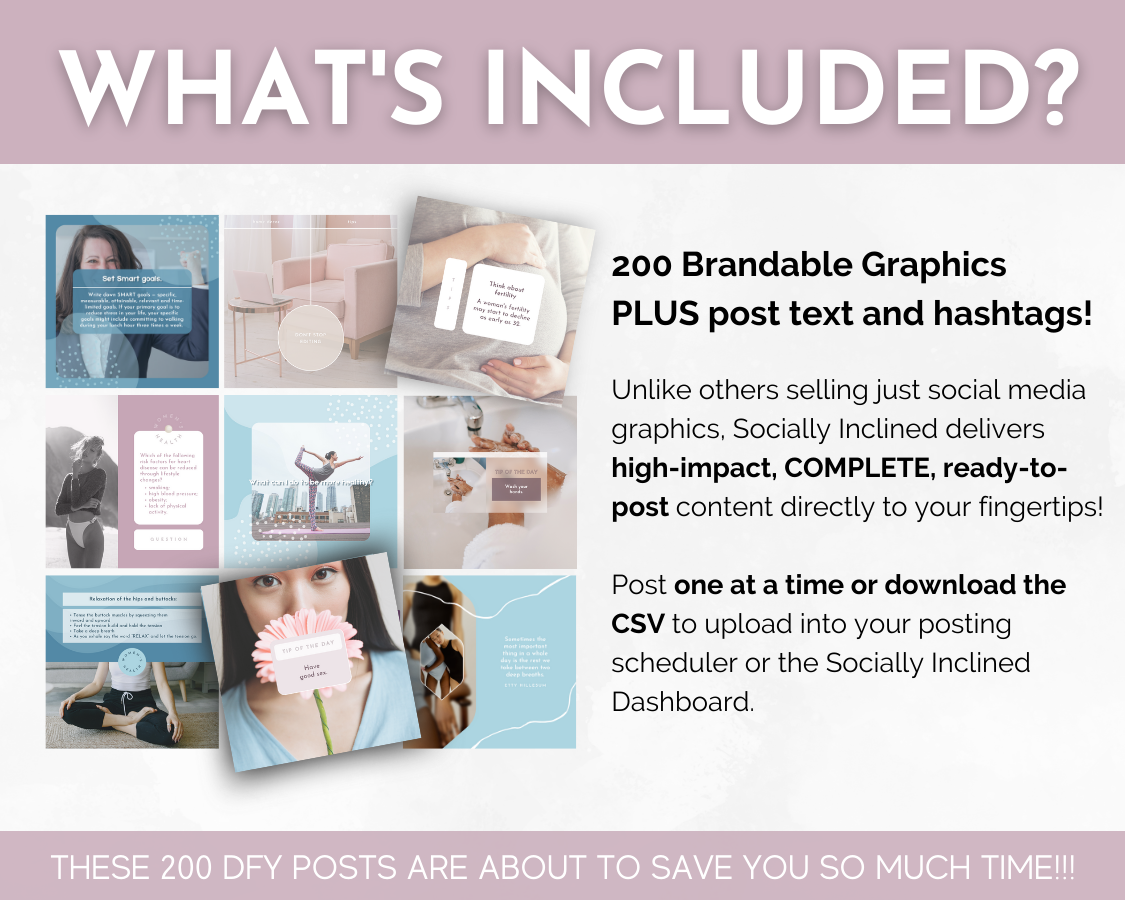 What's included in the Women's Health Social Media Post Bundle with Canva Templates for professionals by Socially Inclined?