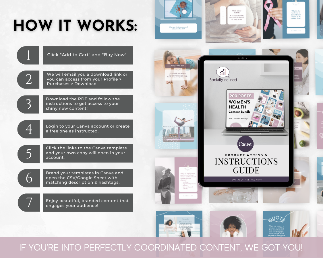 A comprehensive instruction guide on how the Women's Health Social Media Post Bundle with Canva Templates works for professionals in women's health, featuring a social media bundle by Socially Inclined.