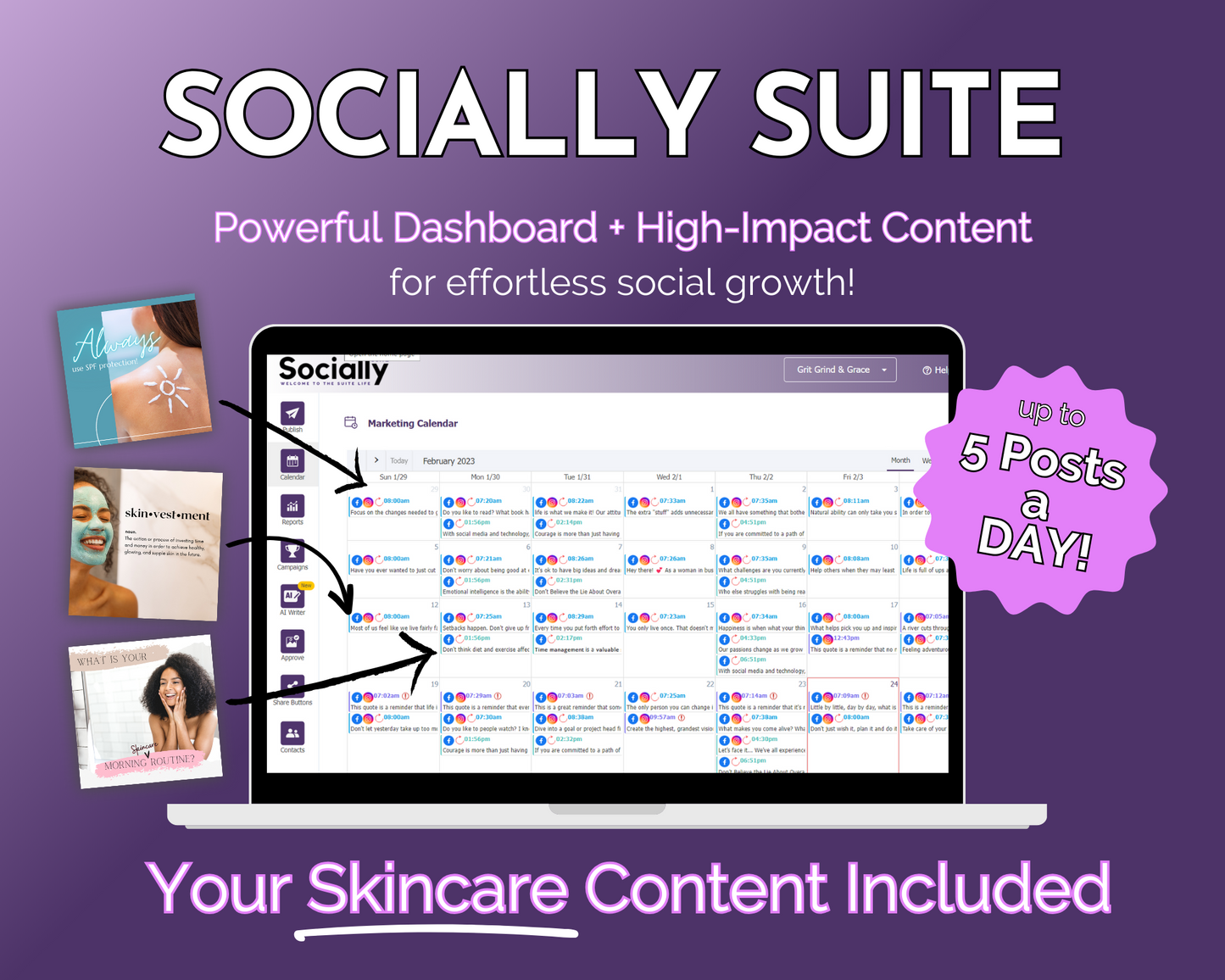 Get Socially Inclined's Socially Suite Membership - powerful dashboard for managing your skincare content and enhancing your online presence.