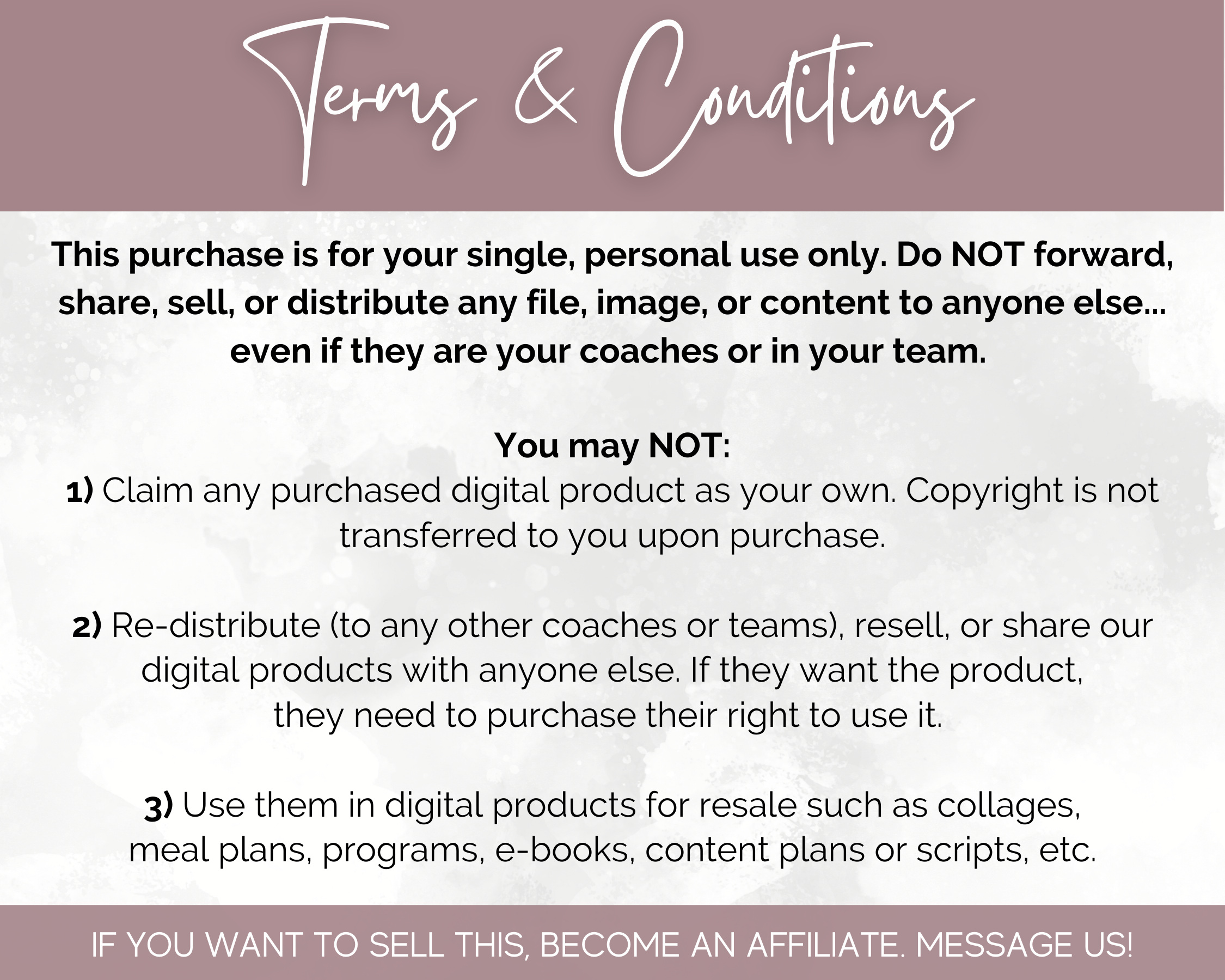 A flyer with the words 'terms and conditions' along with ready-to-post text captions for the Boutique & Style Store Social Media Post Bundle created by Socially Inclined with Canva Templates.