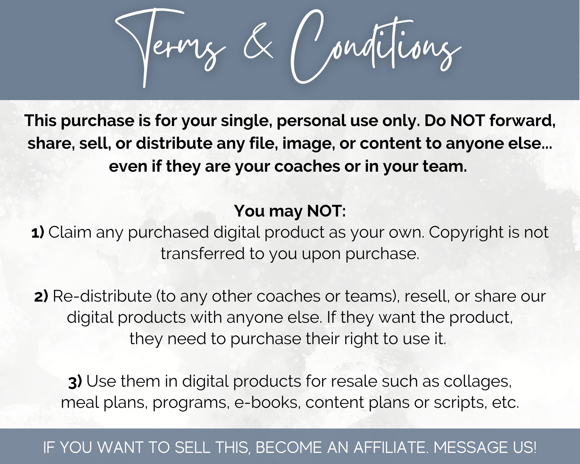 The terms and conditions for the purchase of a personal coaching package including the Socially Inclined Inspirational Social Media Post Bundle with Canva Templates.