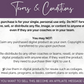 The terms and conditions for the purchase of a Personal Coaching package include Content Creation and Social Media Images, enhancing Promo & Presence.