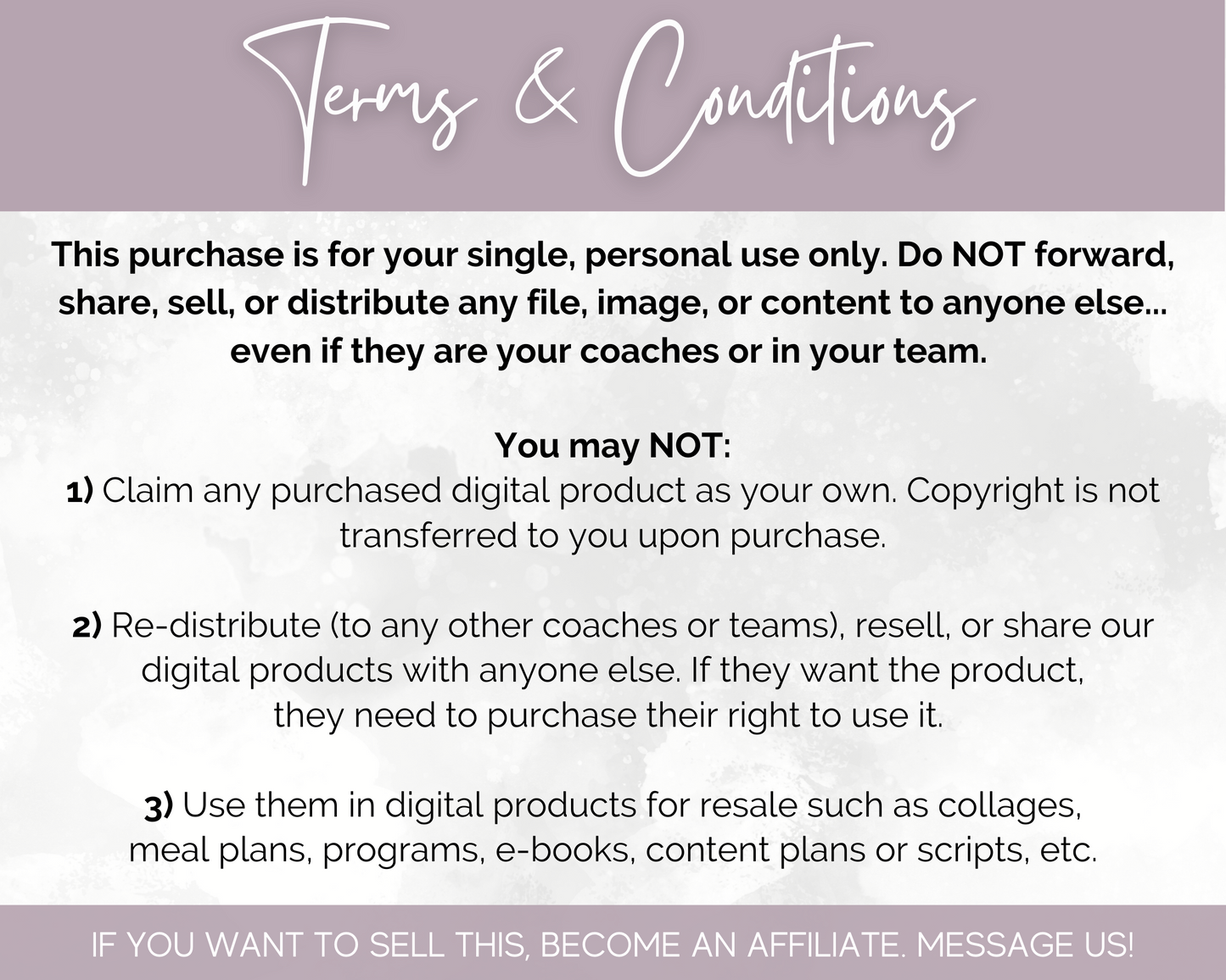 A flyer with the terry & conditions, created using Socially Inclined's Virtual Assistant Social Media Post Bundle with Canva Templates.