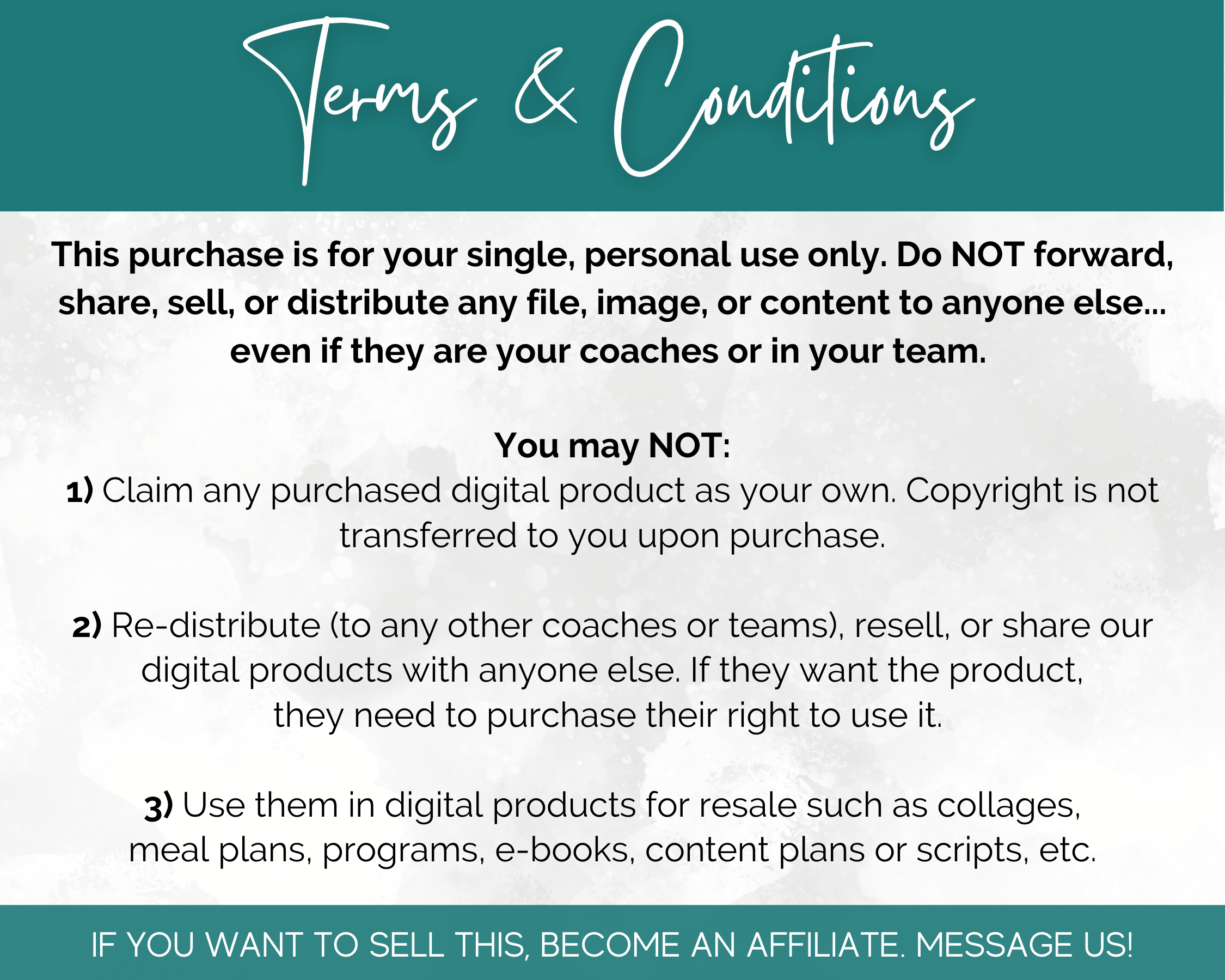 The terms and conditions for the purchase of a personal coaching package, including a Engaging Questions for Social Media Post Bundle with Canva Templates to create audience through effective posts.