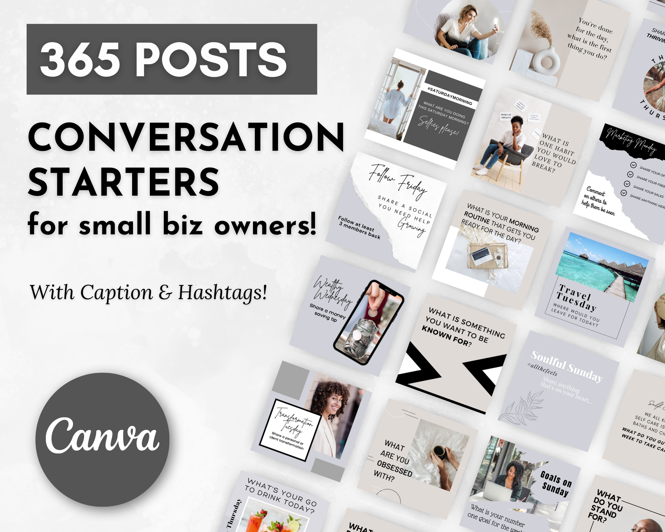 365 conversation starters for small business owners to boost engagement on social media platforms. This Conversation Starters for Social Media Post Bundle, brought to you by Socially Inclined, includes carefully crafted posts with relevant hashtags to captivate your audience and drive more traffic to your business.
