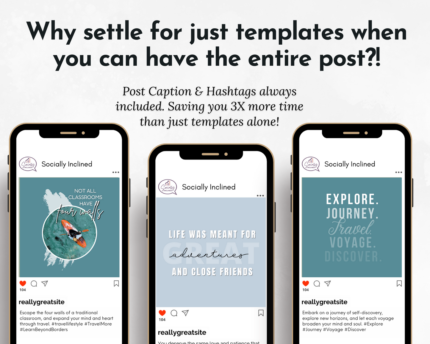 Four TRAVEL Agent's Social Media Post Bundles with Canva Templates displaying captivating travel content on social media from Socially Inclined.