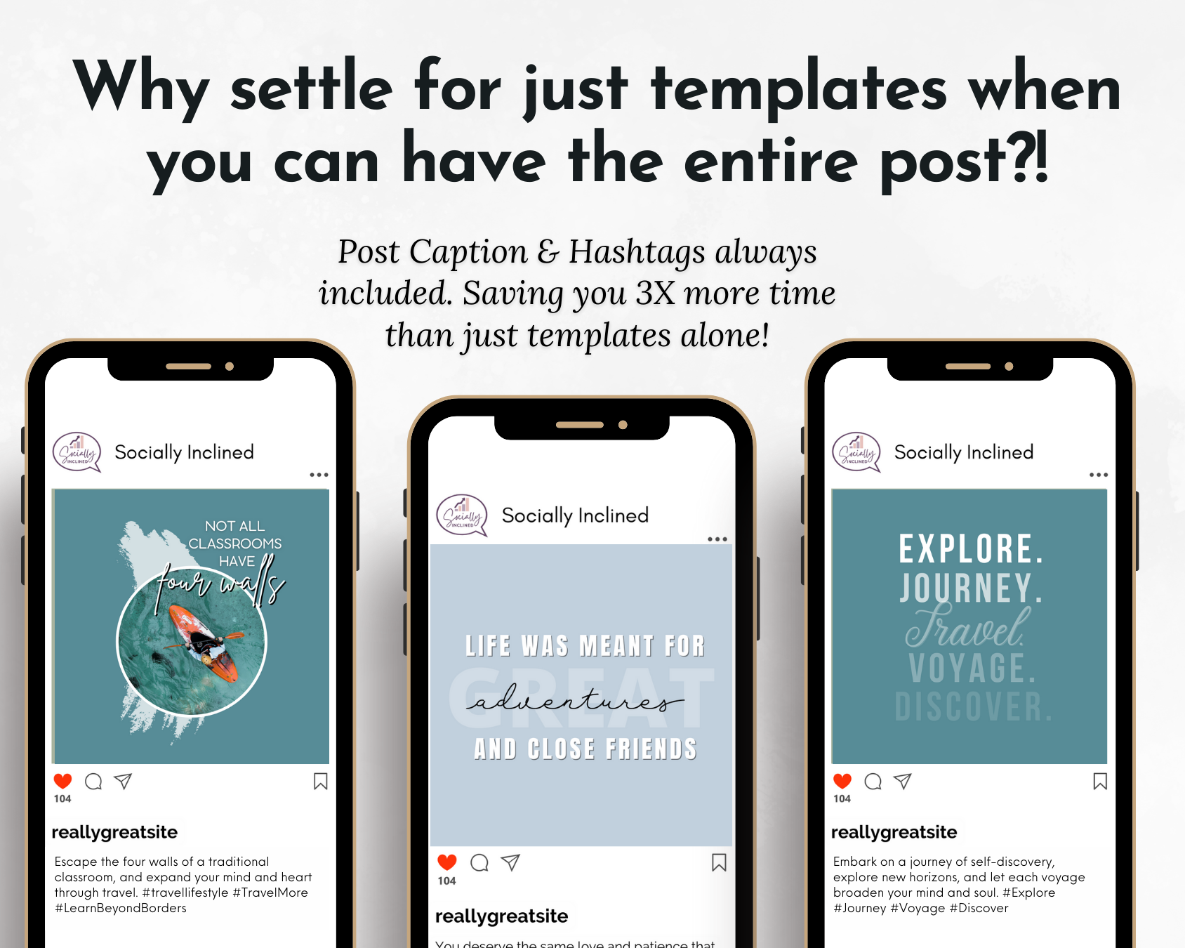 Four TRAVEL Agent's Social Media Post Bundles with Canva Templates displaying captivating travel content on social media from Socially Inclined.
