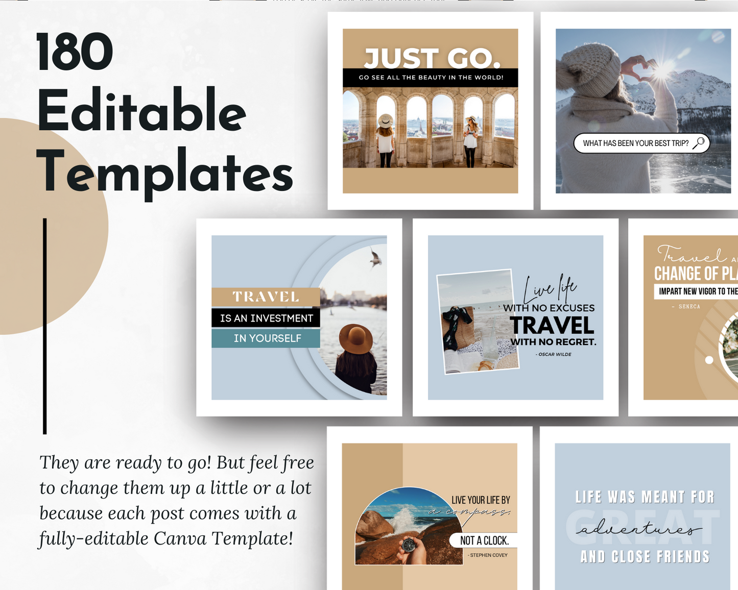 180 editable social media templates for Instagram travel content - Socially Inclined's TRAVEL Agent's Social Media Post Bundle with Canva Templates.