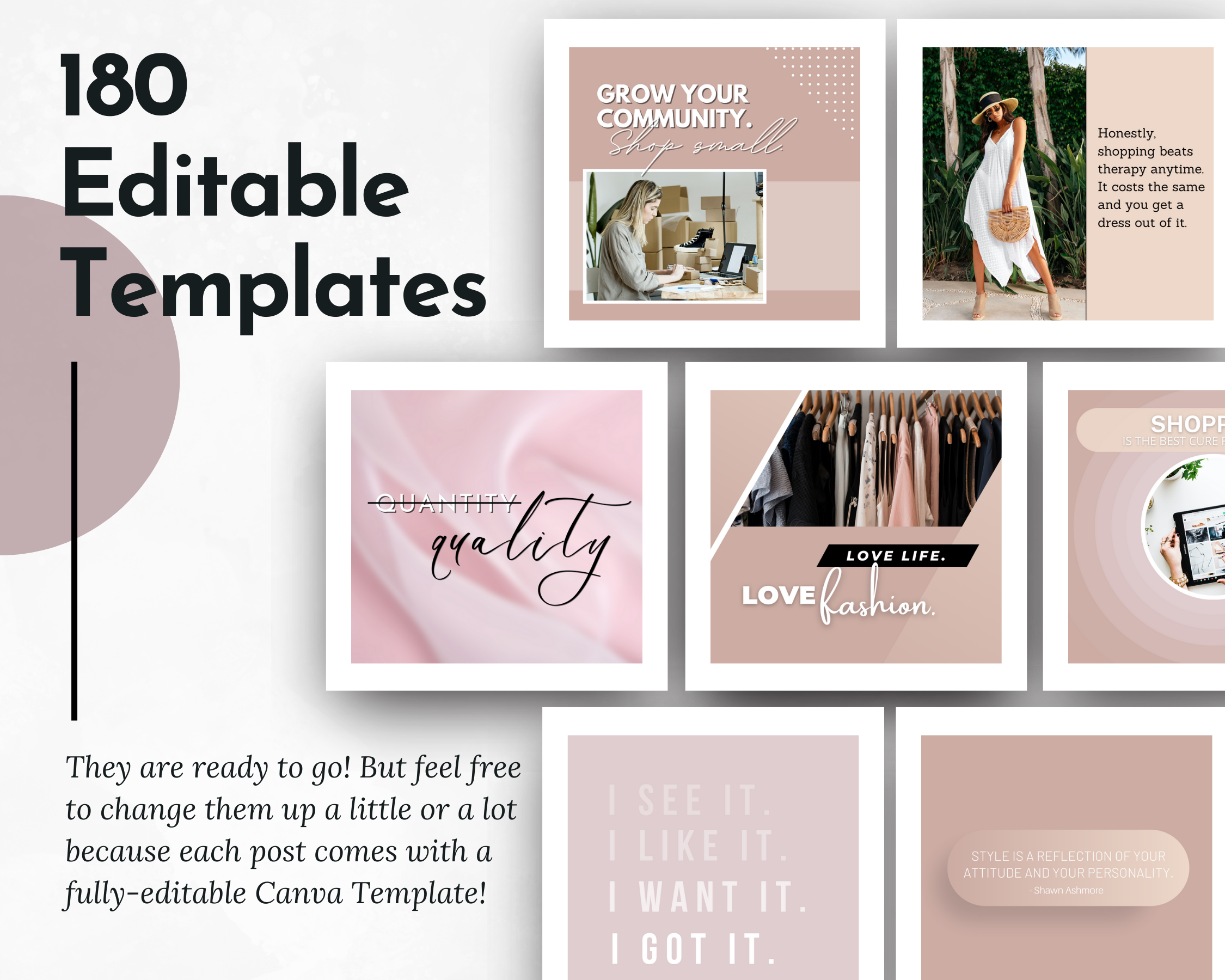 A set of Boutique & Style Store Social Media Post Bundle with Canva Templates, perfect for Instagram images and ready-to-post text captions. Brand Name: Socially Inclined.