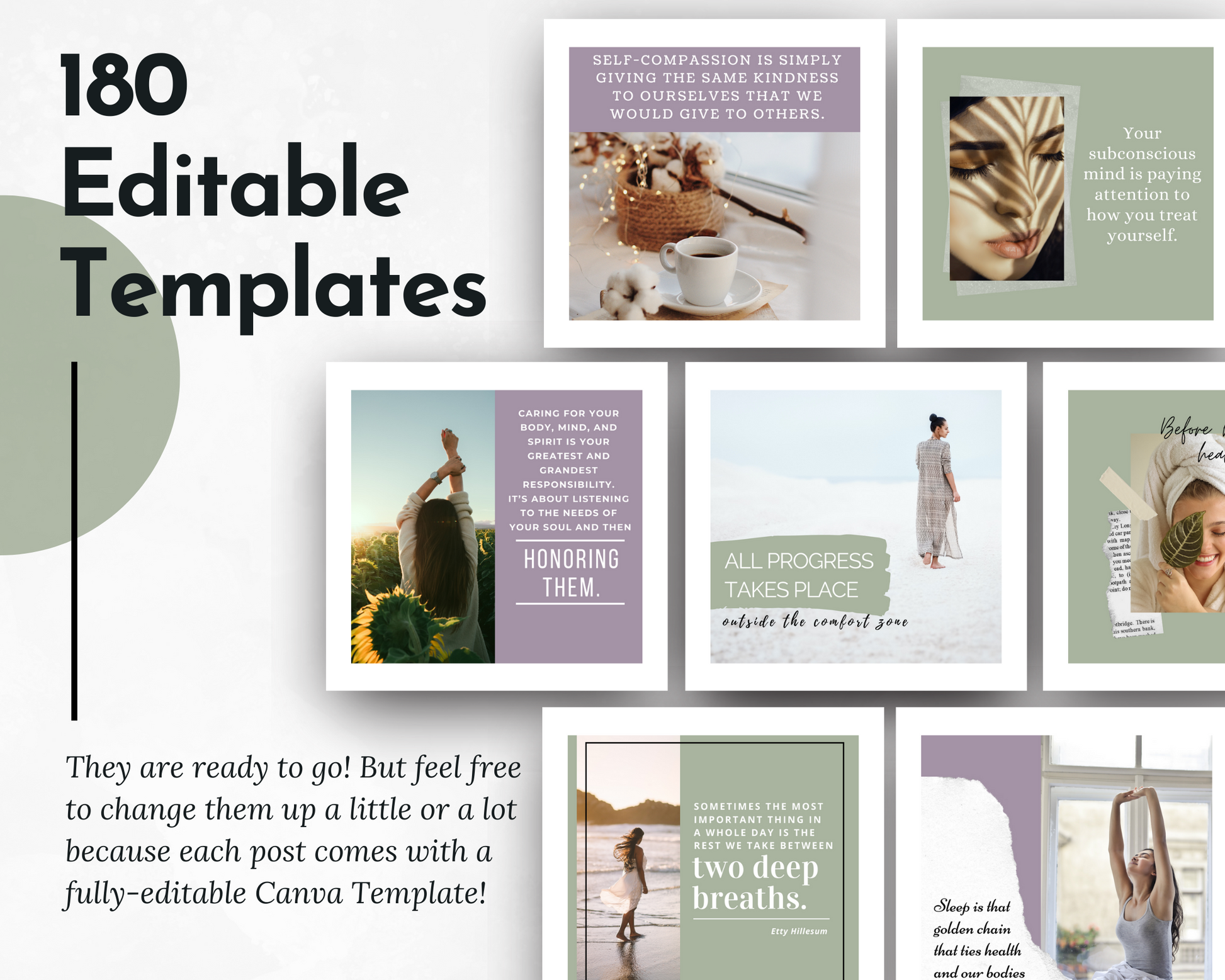 180 editable Mind Body & Spirit Social Media Post Bundle with Canva Templates from Socially Inclined.
