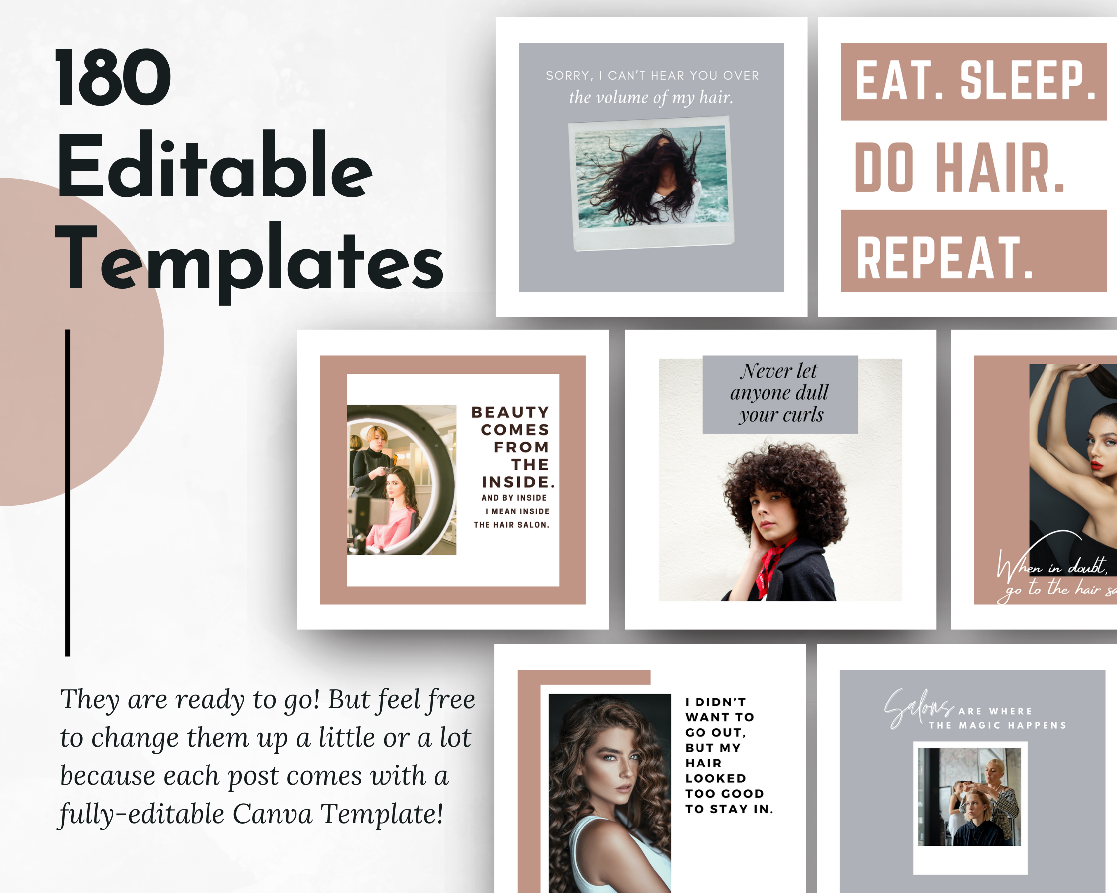 Get access to 180 editable Hair & Salon Social Media Post Bundle with Canva Templates perfect for your salon's Socially Inclined content.