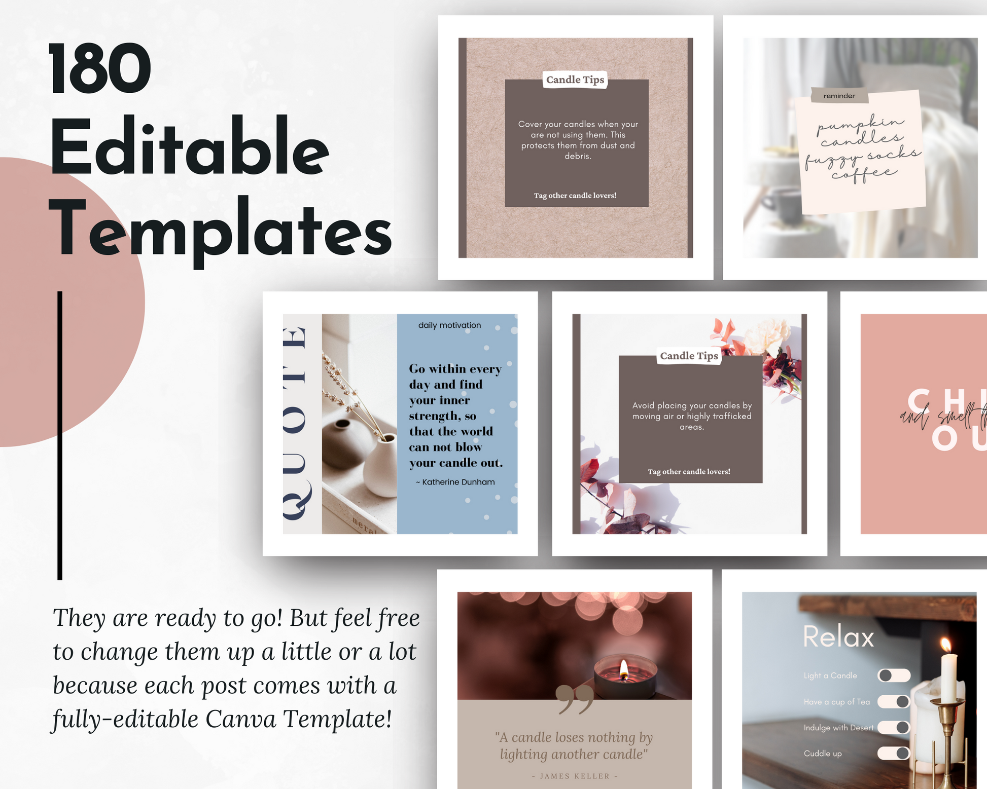 A set of editable templates for Instagram designed specifically for social media marketing of the Candles & Scents Social Media Post Bundle with Canva Templates by Socially Inclined.